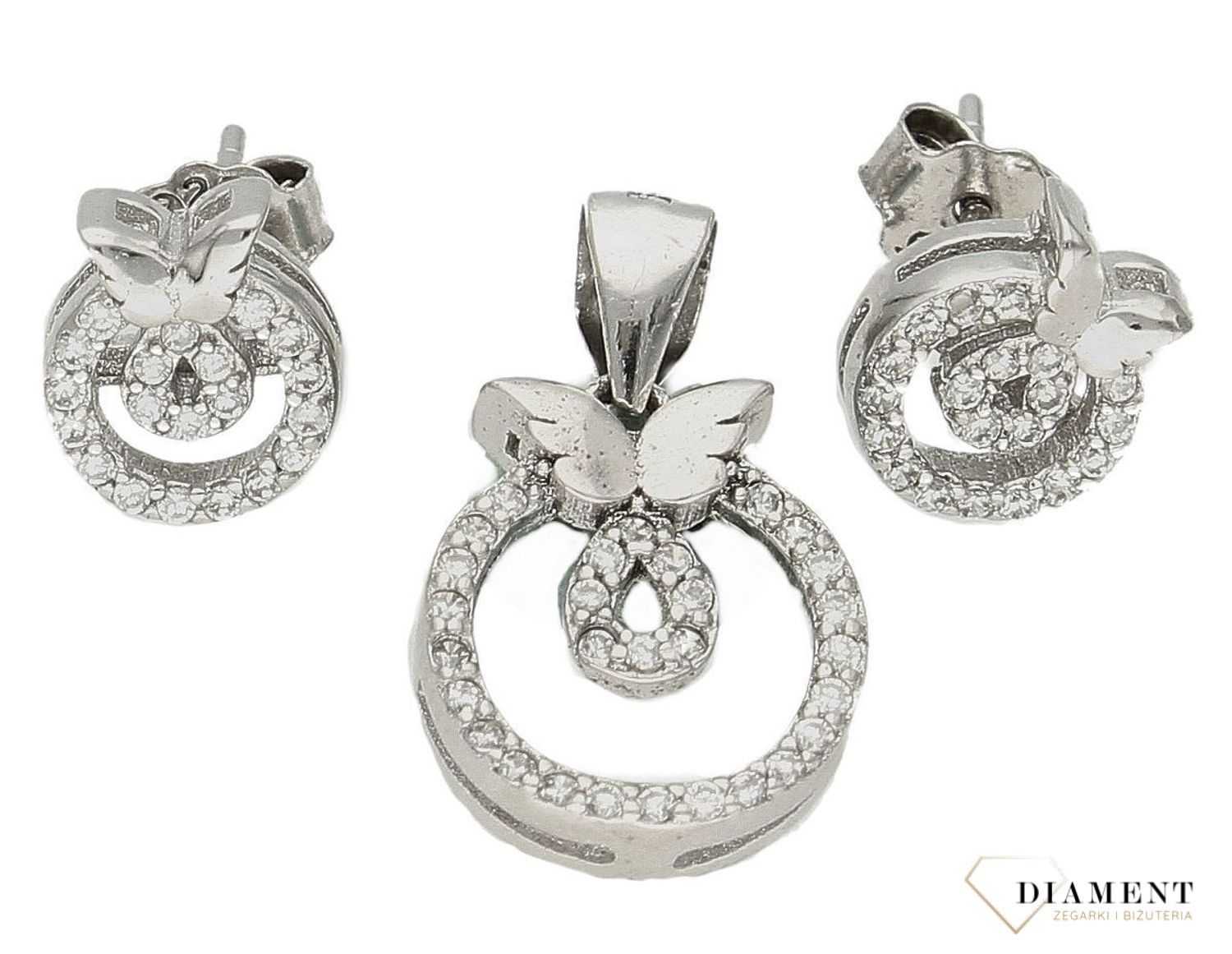 Srebrny komplet damski motylek z kółeczkiem w cyrkoniach DIA-KPL-9420-925d.jpg
