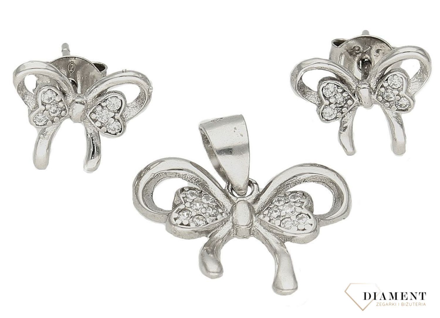 Srebrny komplet damski kolczyki zawieszka kokardki z cyrkoniami DIA-KPL-9421-925c.jpg