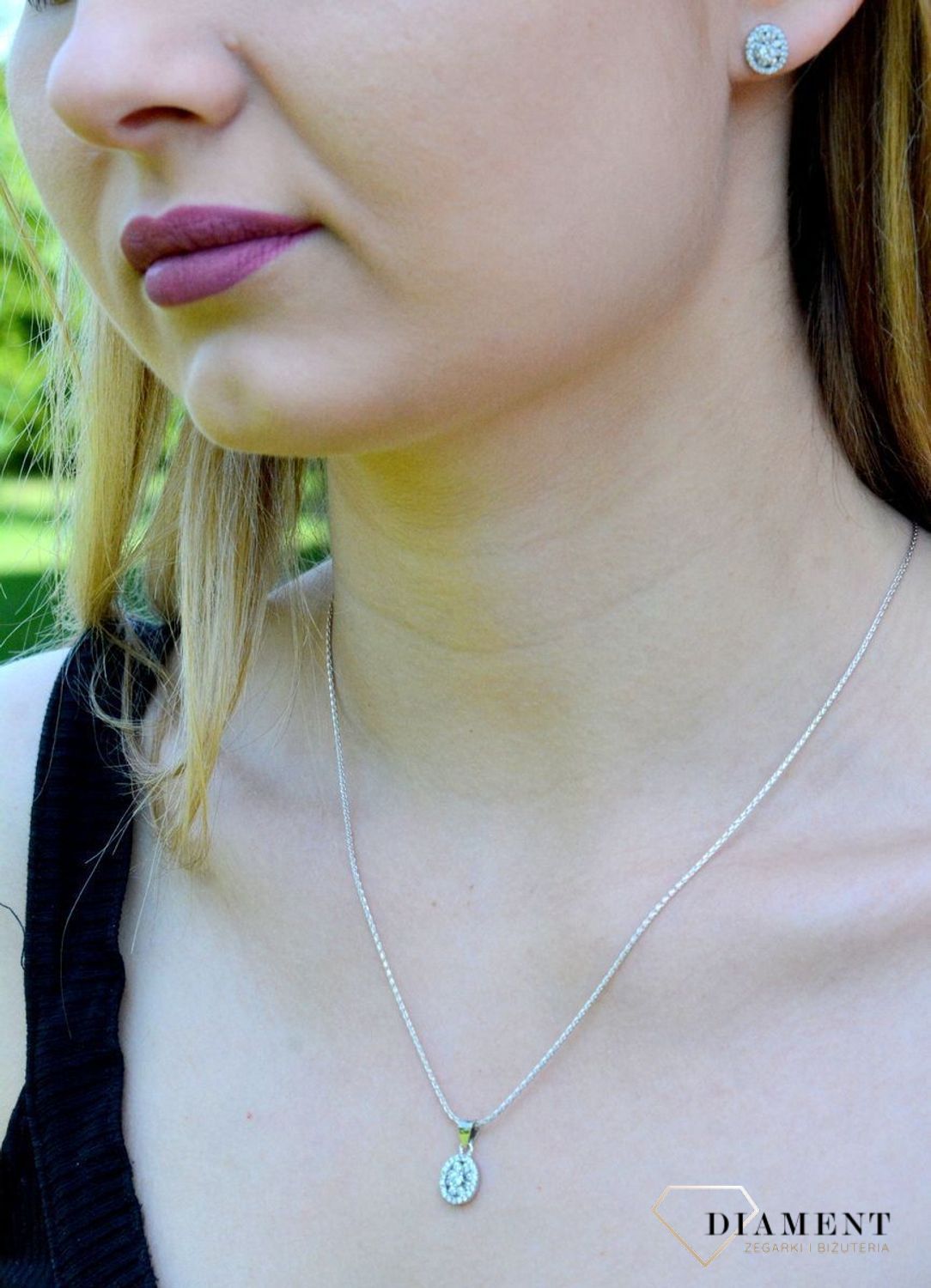 Srebrny komplet damski kolczyki zawieszka o owalnym kształcie z cyrkoniami DIA-KPL-9471-925df.jpg