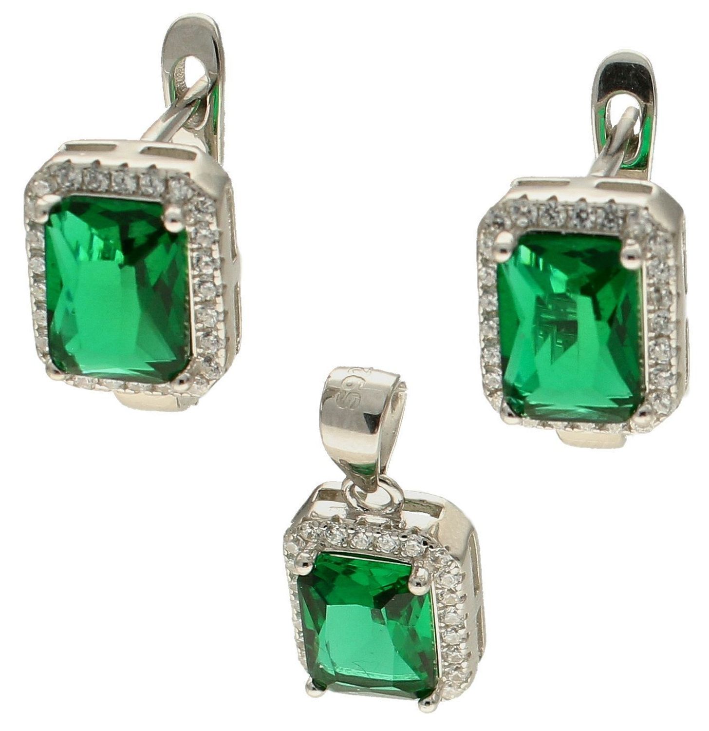 Srebrny komplet biżuterii z zieloną cyrkonią DIA-KPL-9609-925. Srebrny komplet biżuterii damskiej. Komplet biżuterii srebrnej idealny na prezent. Kolczyki i zawieszka z zielonymi cyrkoniami. Komplet srebrny damski z kamieniami.jpg
