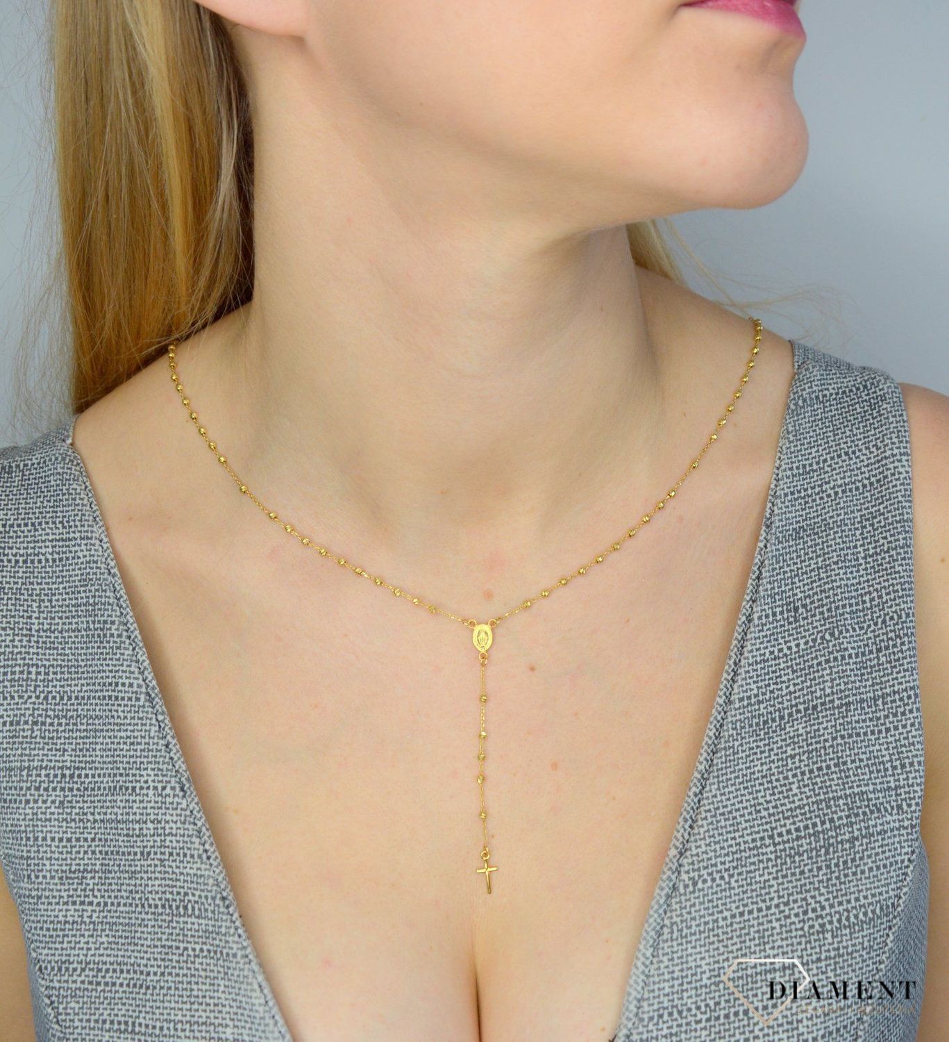 Różaniec złoty próby 585 złote kulki DIA-LAN-2562-585. Prezentowany złoty naszyjnik damski  to doskonała propozycja dla kobiet, które cenią sobie efektowne i zarazem proste dodatki..jpg