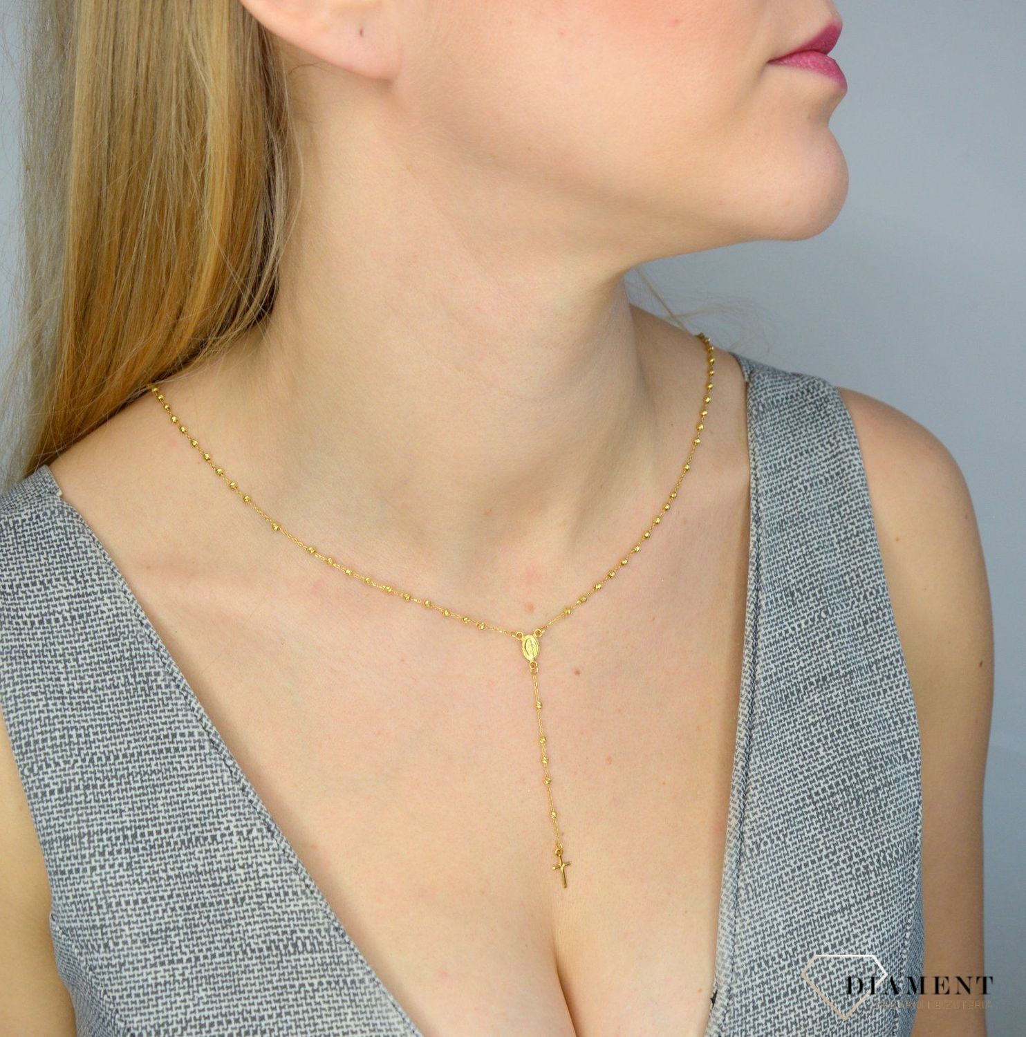 Różaniec złoty próby 585 złote kulki DIA-LAN-2562-585. Prezentowany złoty naszyjnik damski  to doskonała propozycja dla kobiet, które cenią sobie efektowne i zarazem proste dodatki..jpg