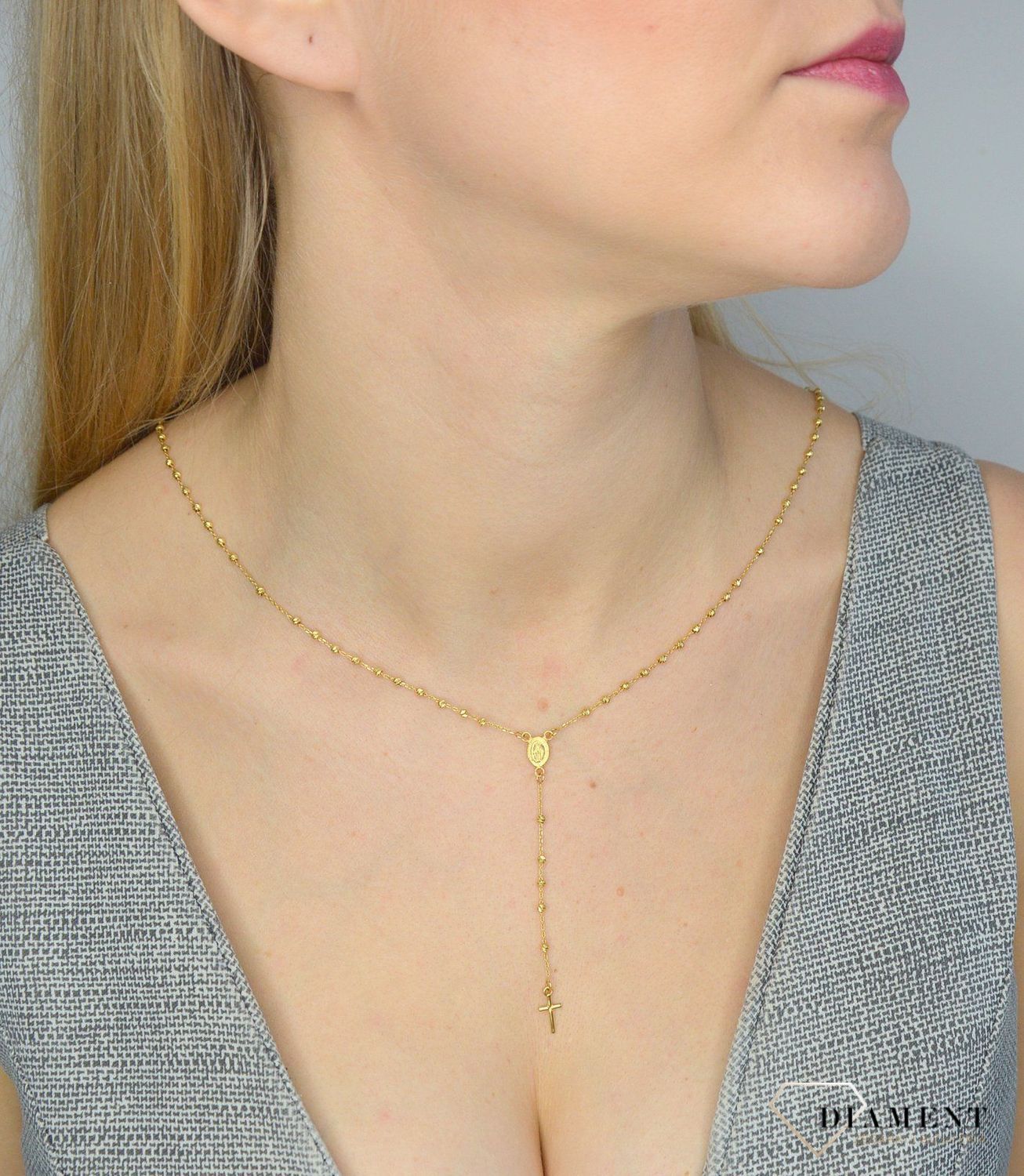 Różaniec złoty próby 585 złote kulki DIA-LAN-2562-585. Prezentowany złoty naszyjnik damski  to doskonała propozycja dla kobiet, które cenią sobie efektowne i zarazem proste dodatki..jpg