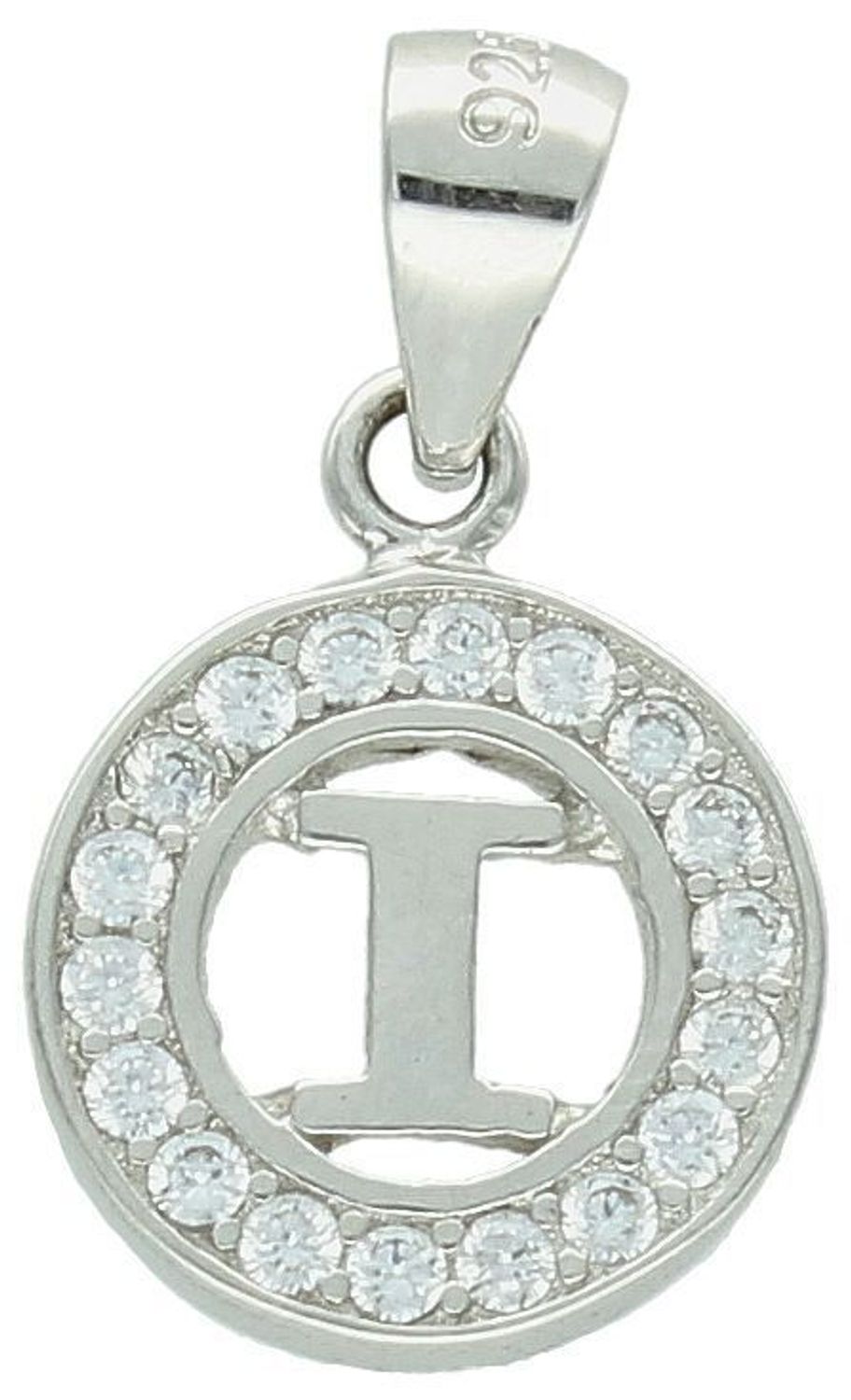 Zawieszka srebrna okrągła z Literka I ozdobiona dookoła cyrkoniami próba 925, DIA-LAN-8754-I-925 1.jpg