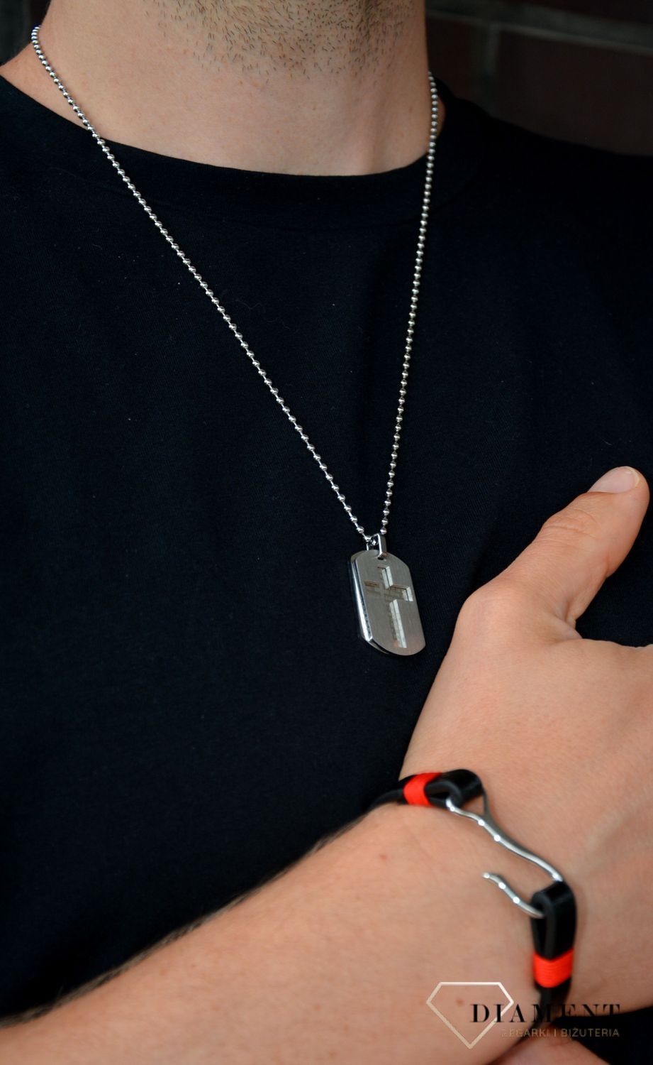 Naszyjnik srebrny nieśmiertelnik z krzyżem DIA-NAS-N222234-STAL. Świetny pomysł na prezent dla mężczyzny.jpg