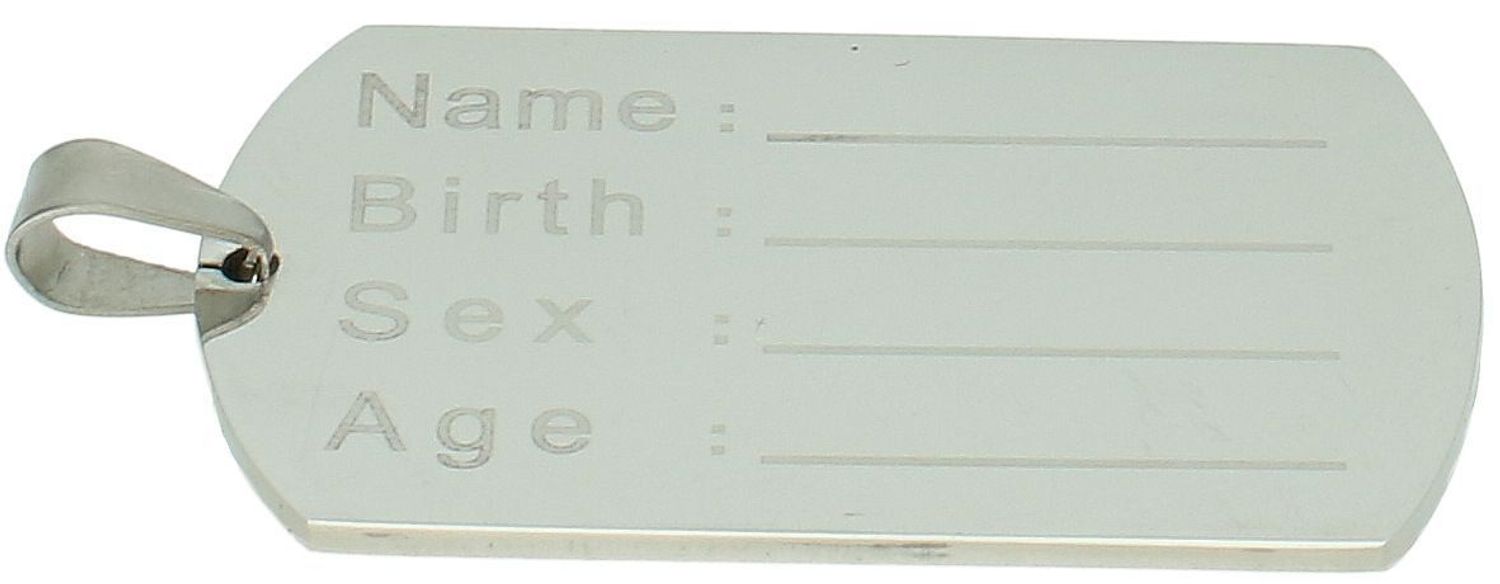 Zawieszka stal szlachetna DIA-NIESMIERTELNIK-STAL o wymiarach 5,5 x 3,0 cm z miejscem na grawer (name, birth, sex, age). Trwała i odporna na korozję.2.jpg