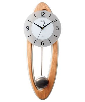 Elegancki zegar ścienny JVD NS18053.1 z wahadłem, drewnianymi elementami i płynącym sekundnikiem SWEEP. Brązowy model o wysokości 60 cm do salonu i biura..jpg