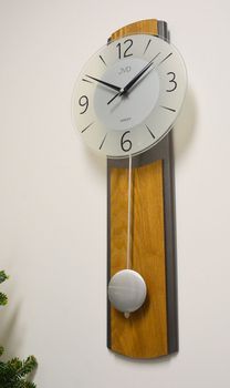 Elegancki zegar ścienny JVD NS22017.78 z drewna w kolorze brązowo-antracytowym. Cicha praca dzięki płynnemu sekundnikowi i dekoracyjne wahadło. Idealny do klasycznych i nowoczesnych wnętrz ( (6).JPG