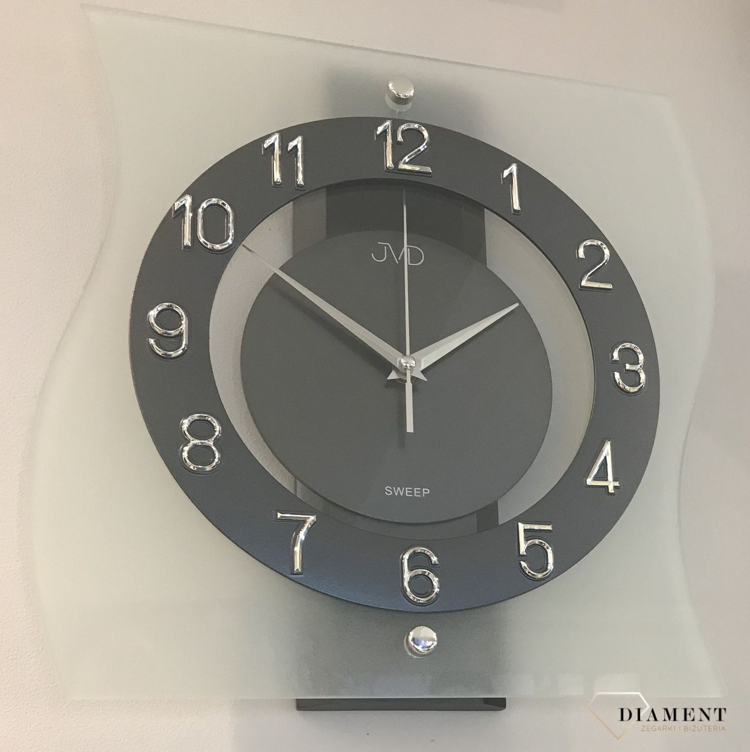 Piękny zegar ścienny idealny do salonu, kuchni. Zegar JVD w szklanej obudowie z ciemną tarczą i wyraźnymi cyframi arabskimi. Darmowa wysyłka!.jpg