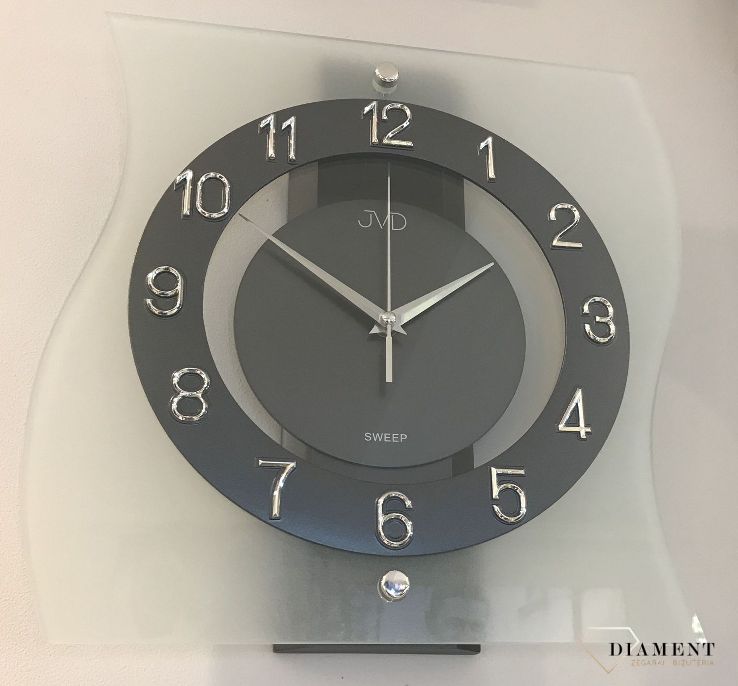 Piękny zegar ścienny idealny do salonu, kuchni. Zegar JVD w szklanej obudowie z ciemną tarczą i wyraźnymi cyframi arabskimi. Darmowa wysyłka!.jpg