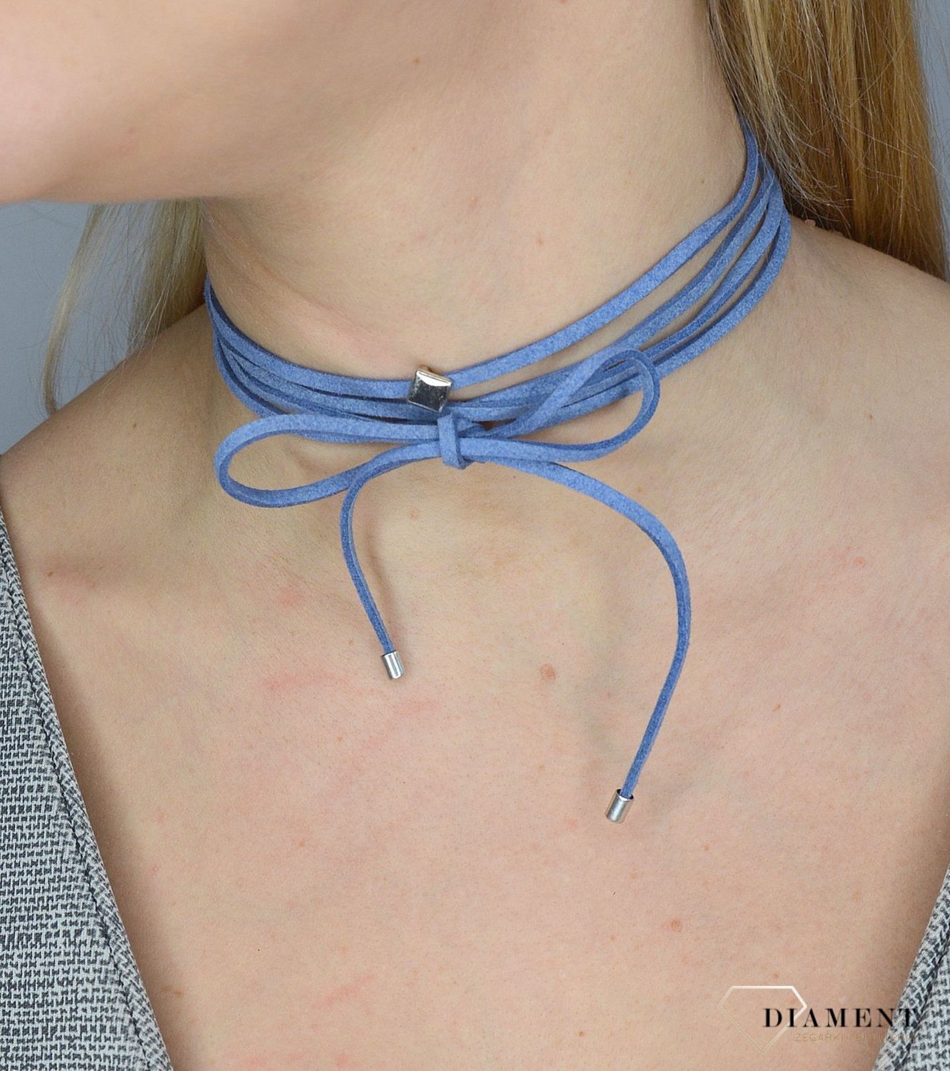 Naszyjnik choker bransoletka niebieski rzemyk z rombem DIA-NSZ-0055-NIEBIESKI.jpg
