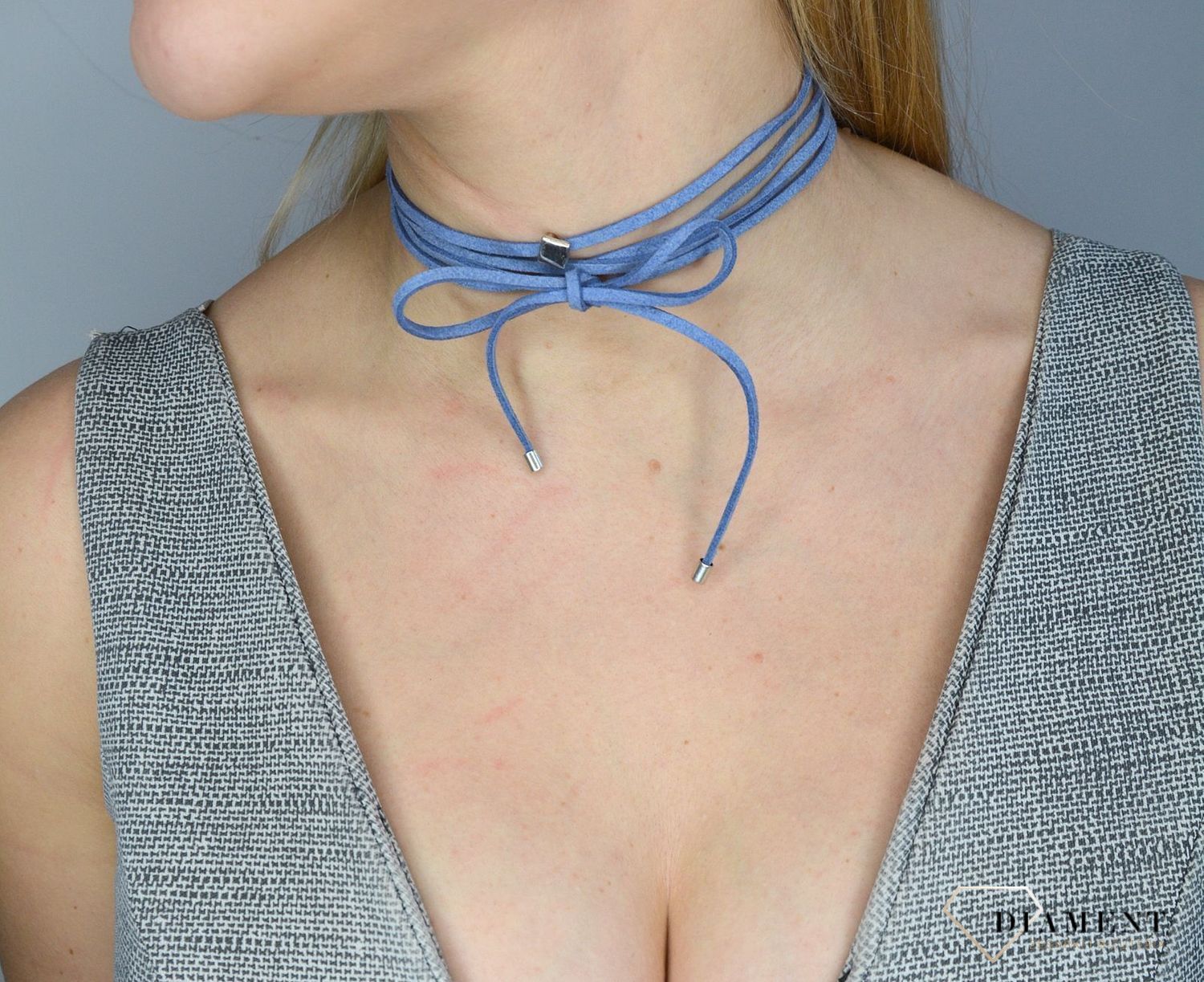 Naszyjnik choker bransoletka niebieski rzemyk z rombem DIA-NSZ-0055-NIEBIESKI.jpg