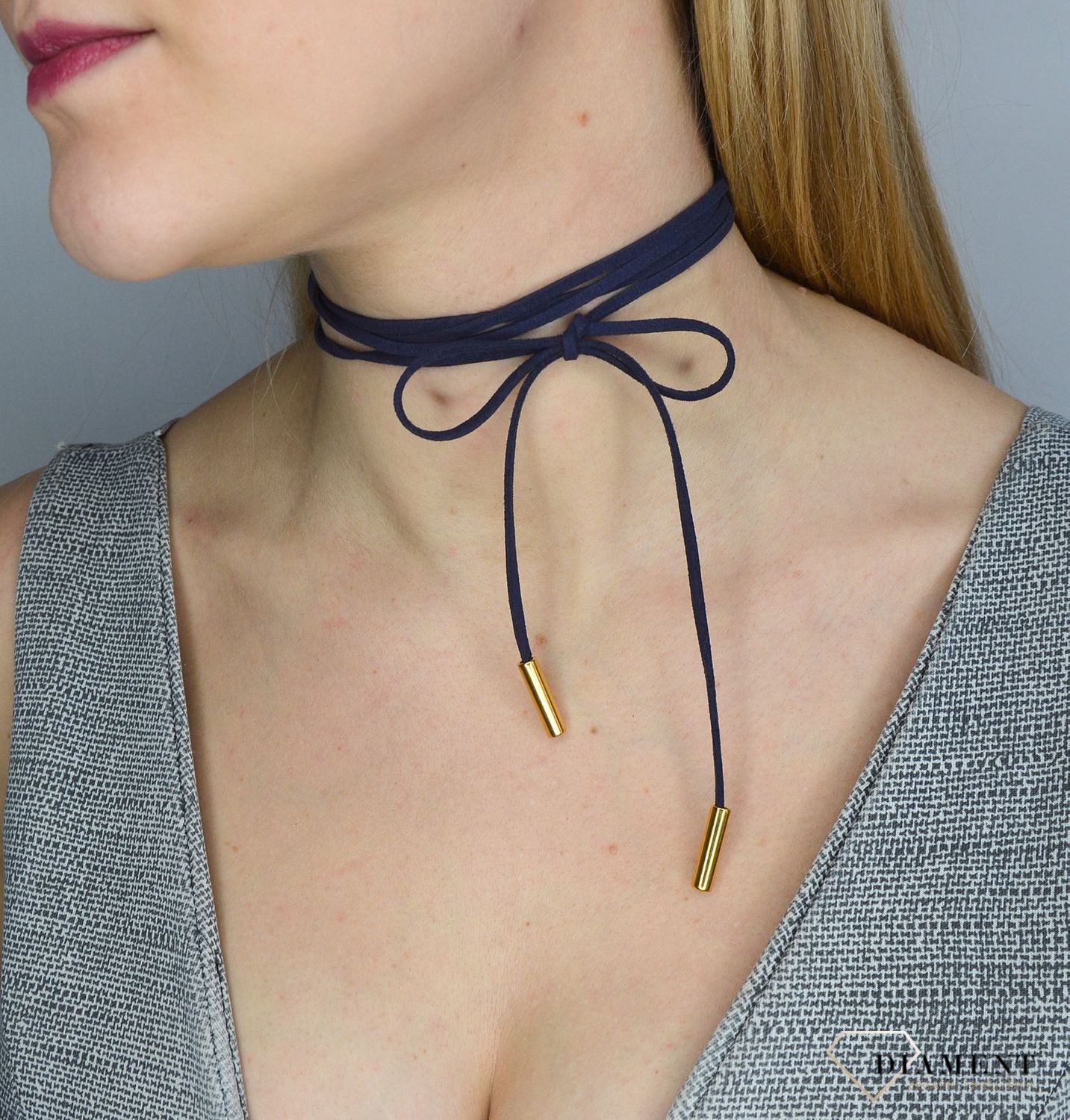 Naszyjnik choker bransoletka granatowy rzemyk z pozłacanym wykończeniem.jpg