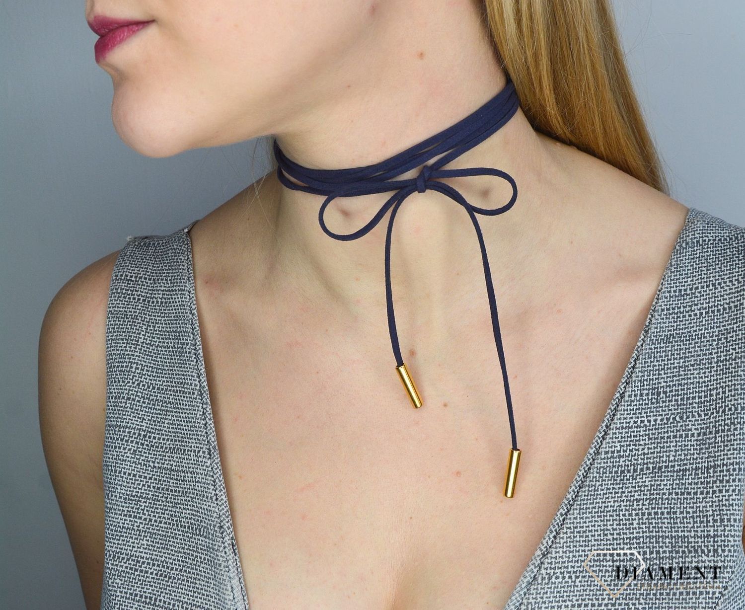 Naszyjnik choker bransoletka granatowy rzemyk z pozłacanym wykończeniem.jpg