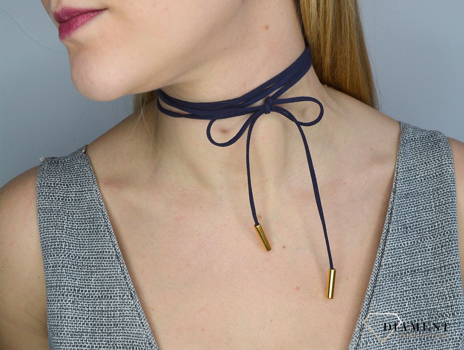 Naszyjnik choker bransoletka granatowy rzemyk z pozłacanym wykończeniem.jpg