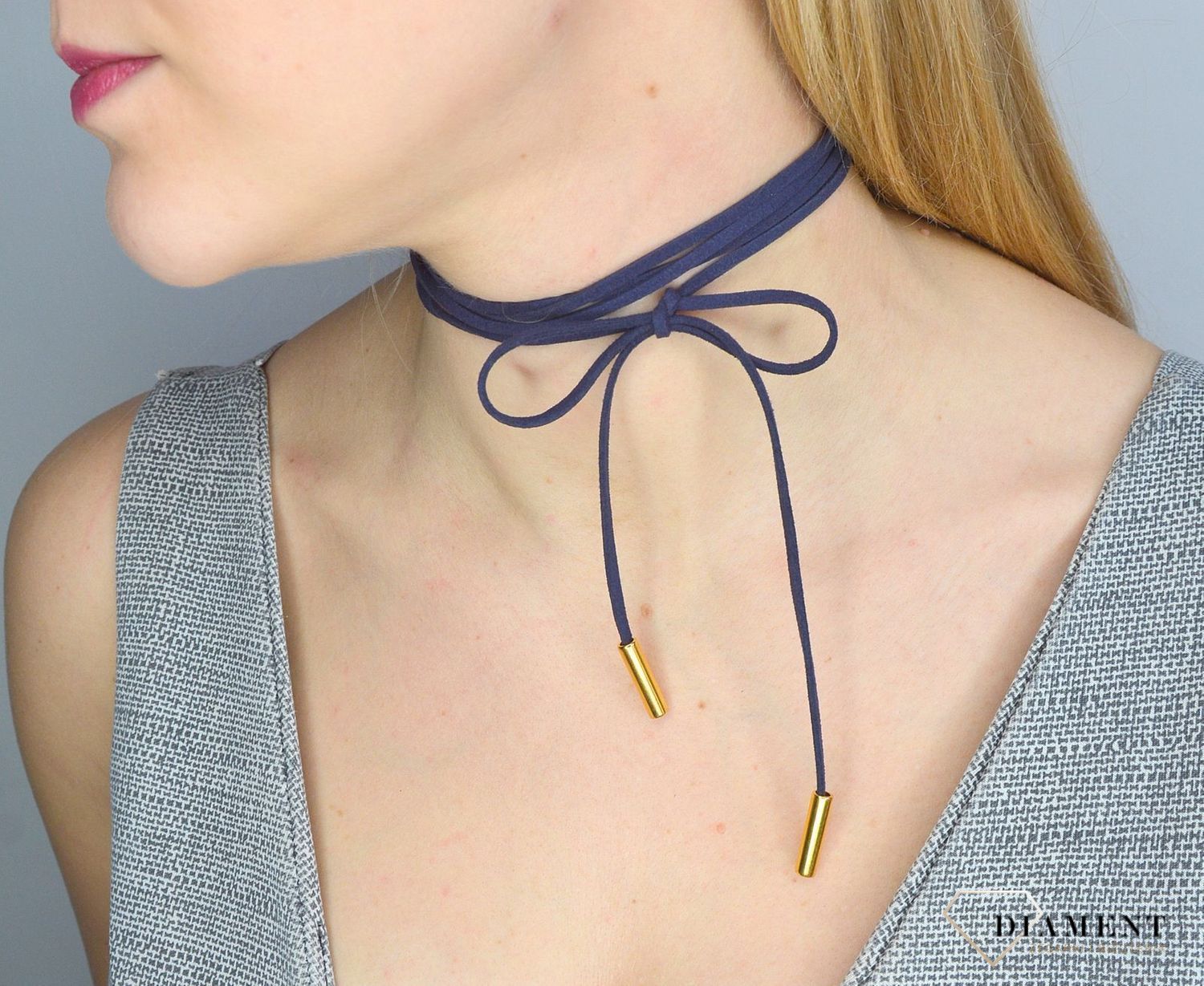 Naszyjnik choker bransoletka granatowy rzemyk z pozłacanym wykończeniem.jpg