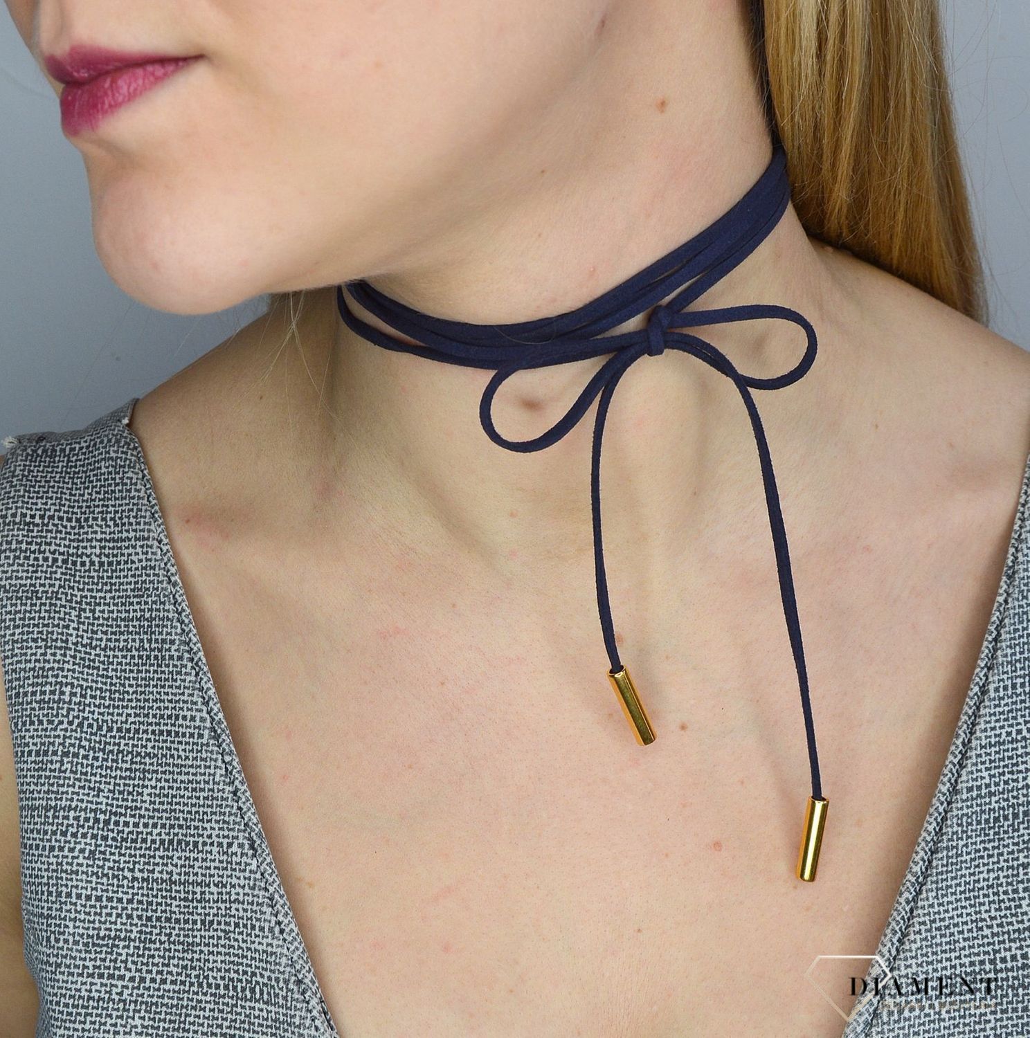 Naszyjnik choker bransoletka granatowy rzemyk z pozłacanym wykończeniem.jpg