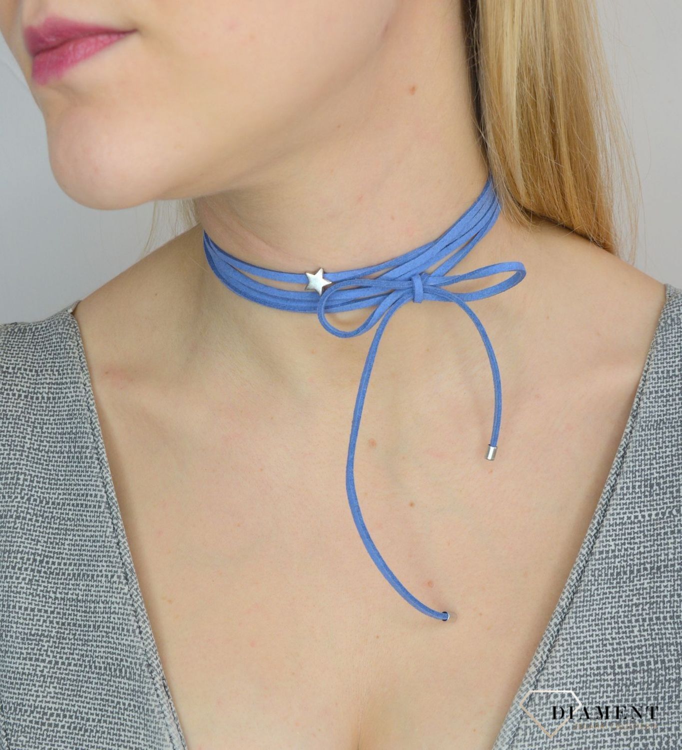 Naszyjnik choker bransoletka niebieski rzemyk z gwiazdką DIA-NSZ-0063-NIEBIESKI.jpg