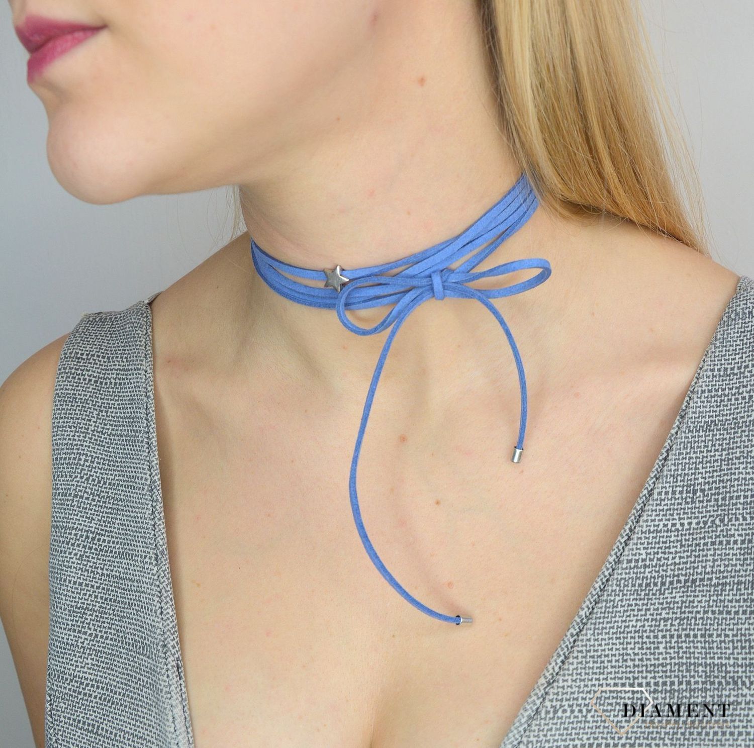 Naszyjnik choker bransoletka niebieski rzemyk z gwiazdką DIA-NSZ-0063-NIEBIESKI.jpg