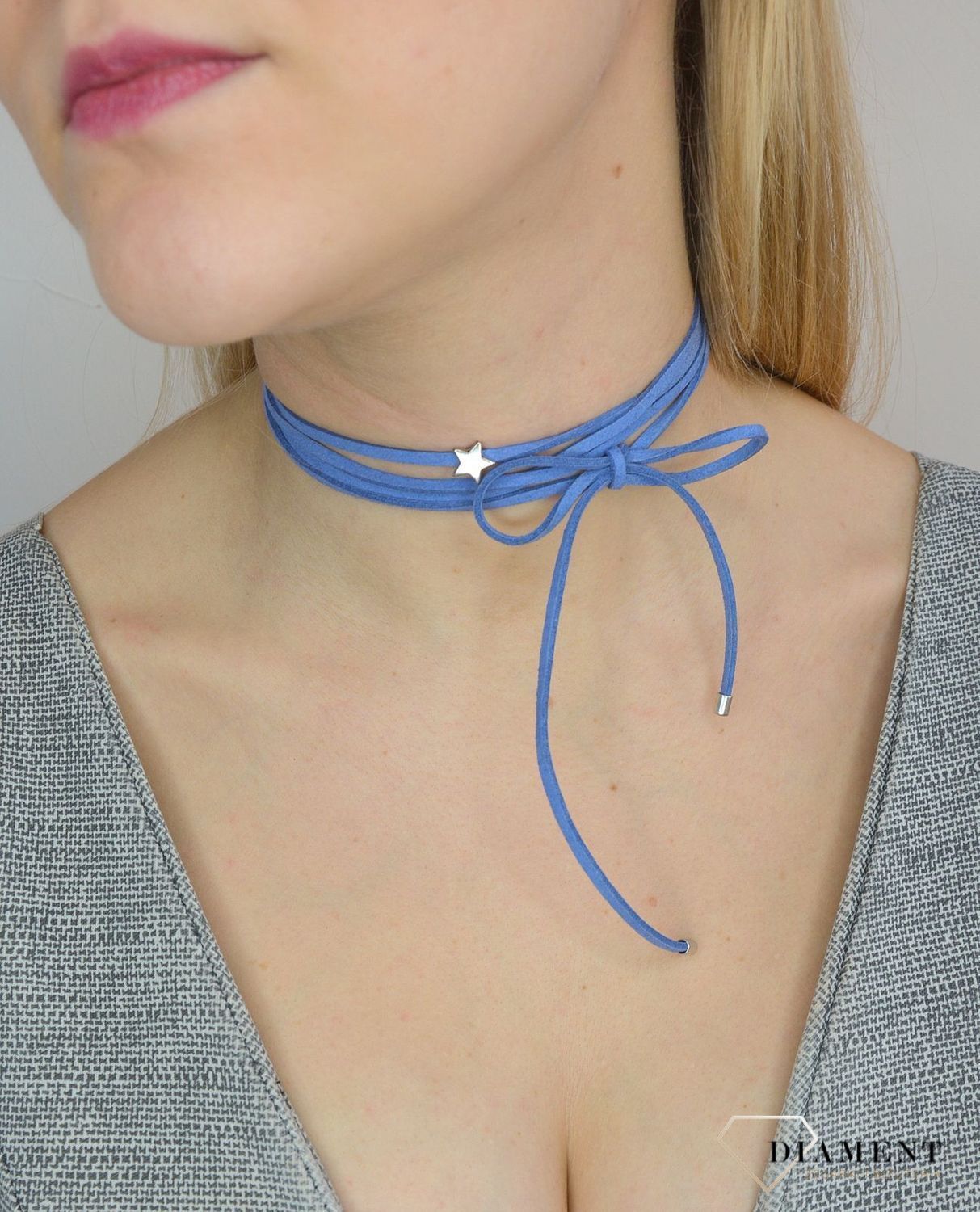 Naszyjnik choker bransoletka niebieski rzemyk z gwiazdką DIA-NSZ-0063-NIEBIESKI.jpg