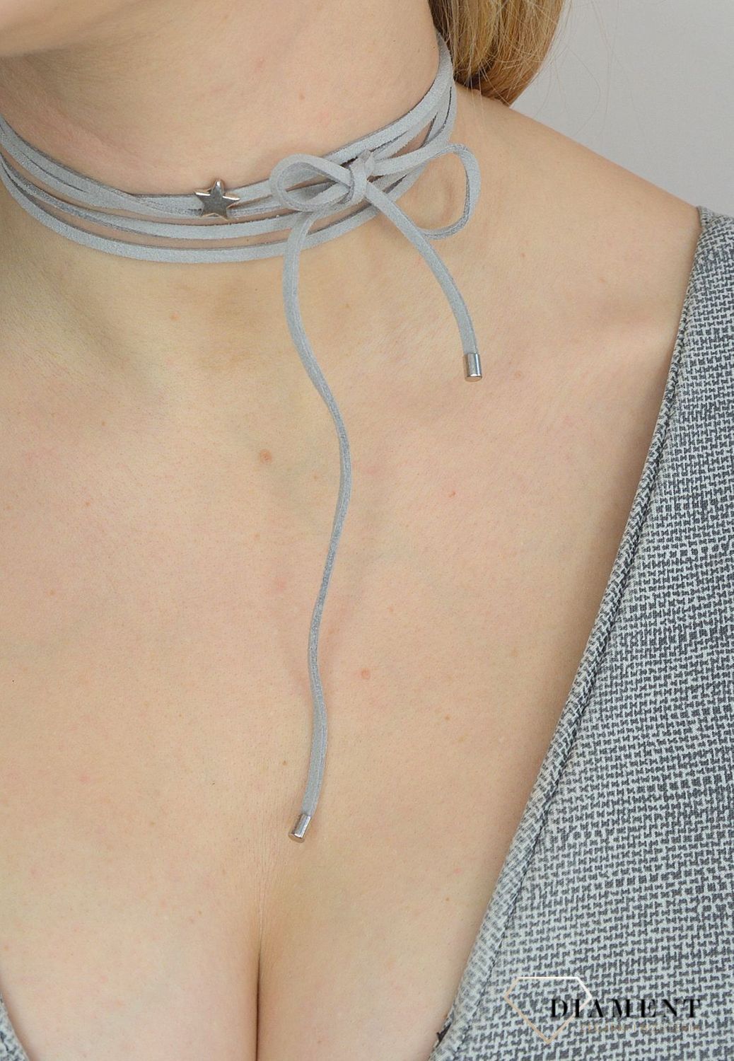 Naszyjnik choker bransoletka szary rzemyk z gwiazdką DIA-NSZ-0064-SZARY.jpg