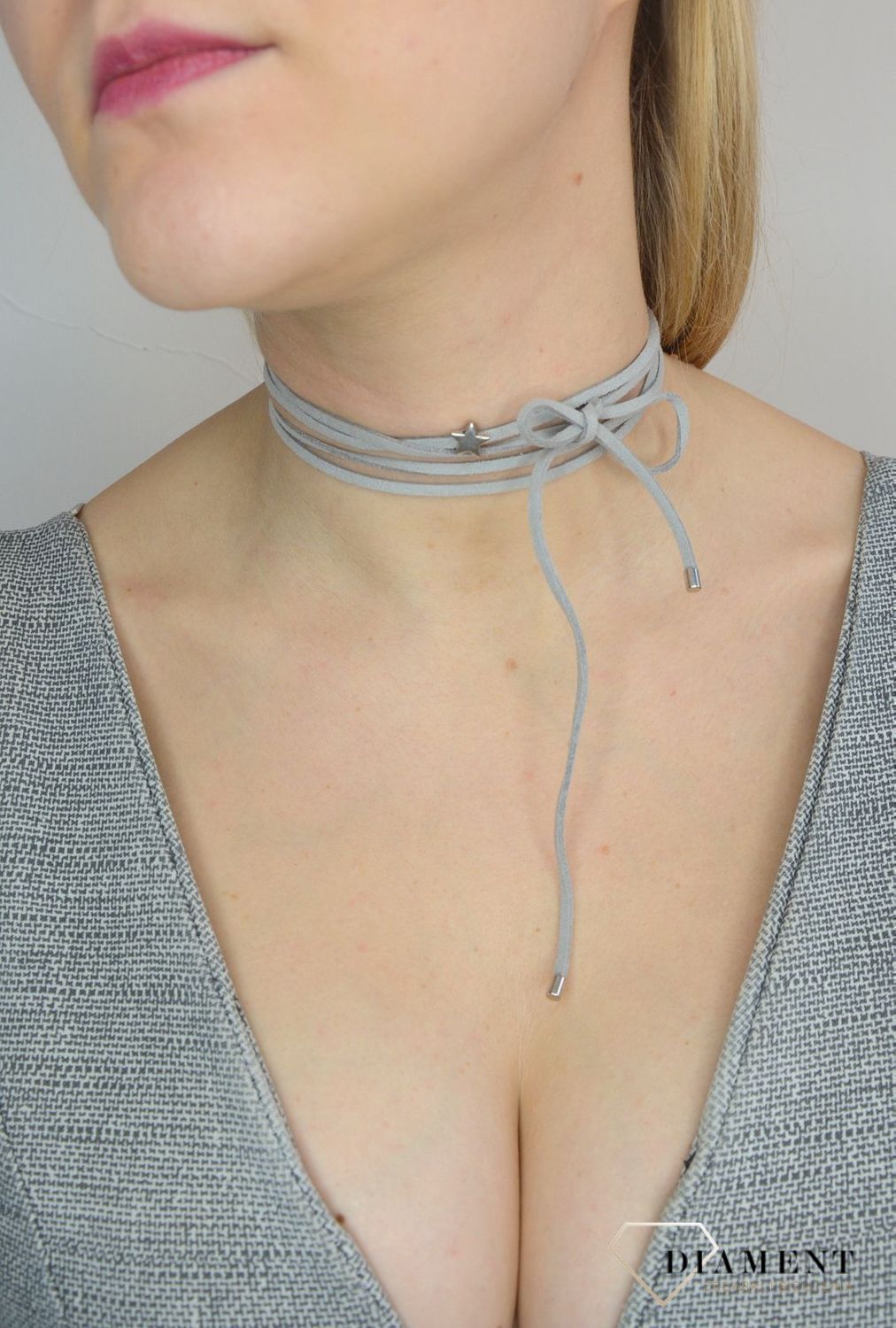 Naszyjnik choker bransoletka szary rzemyk z gwiazdką DIA-NSZ-0064-SZARY.jpg