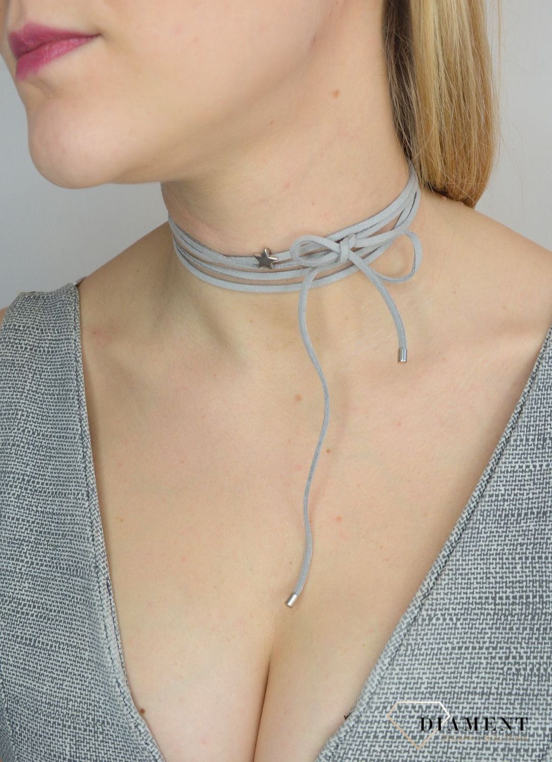 Naszyjnik choker bransoletka szary rzemyk z gwiazdką DIA-NSZ-0064-SZARY.jpg