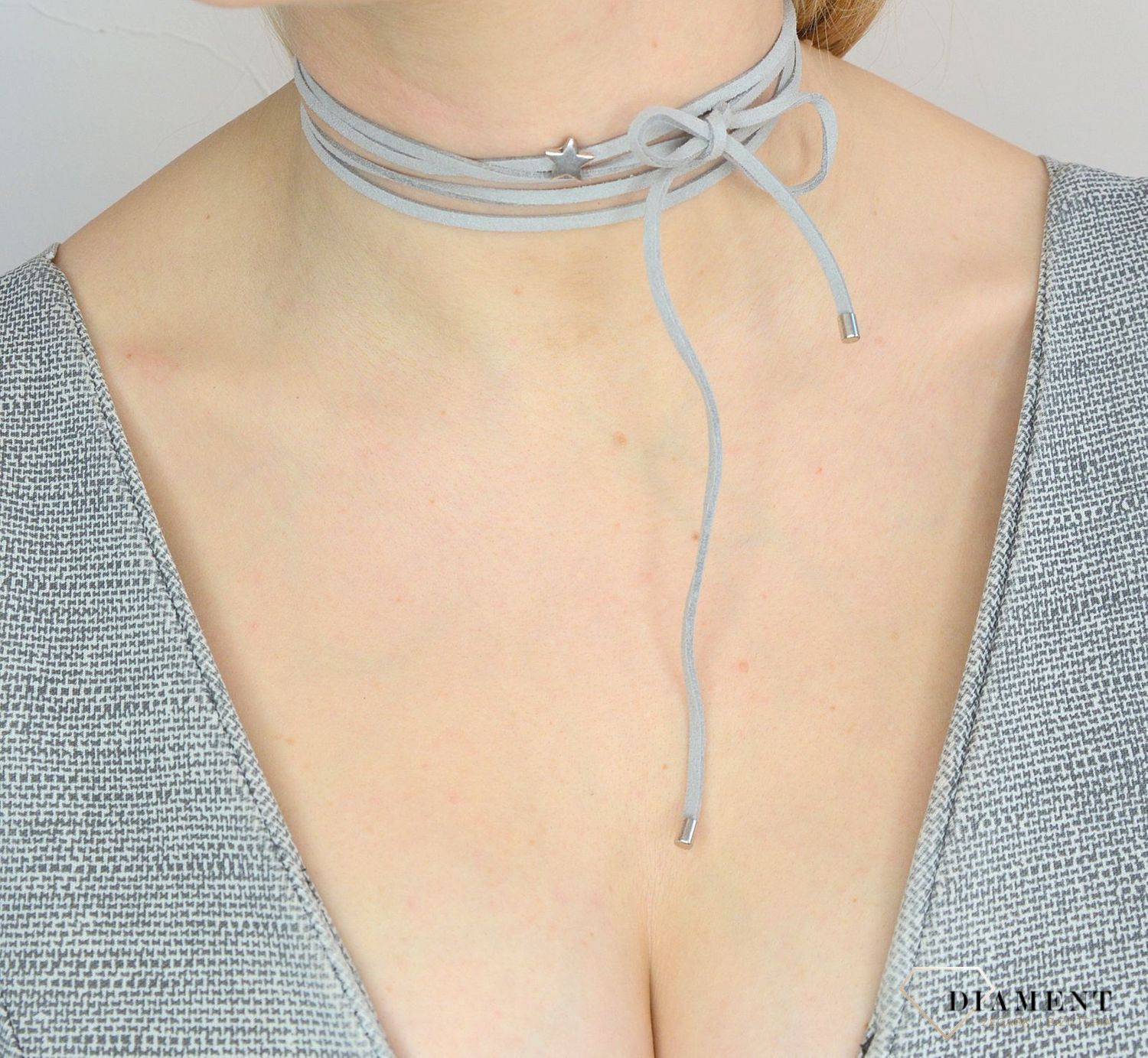 Naszyjnik choker bransoletka szary rzemyk z gwiazdką DIA-NSZ-0064-SZARY.jpg