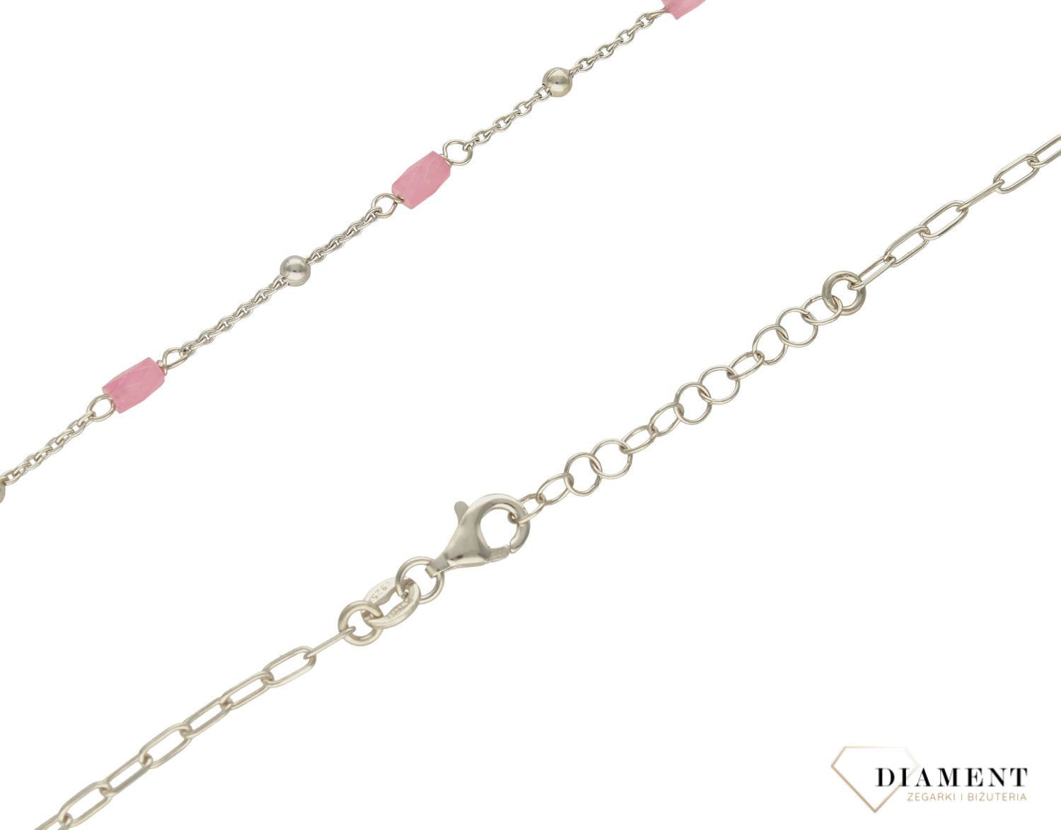 Srebrny naszyjnik damski celebrytka z różowymi koralikami DIA-NSZ-10124-925. Srebrny naszyjnik damski. Srebrny naszyjnik celebrytka idealny na prezent. Srebrny naszyjnik damski z różowymi koralikami.  (2).jpg