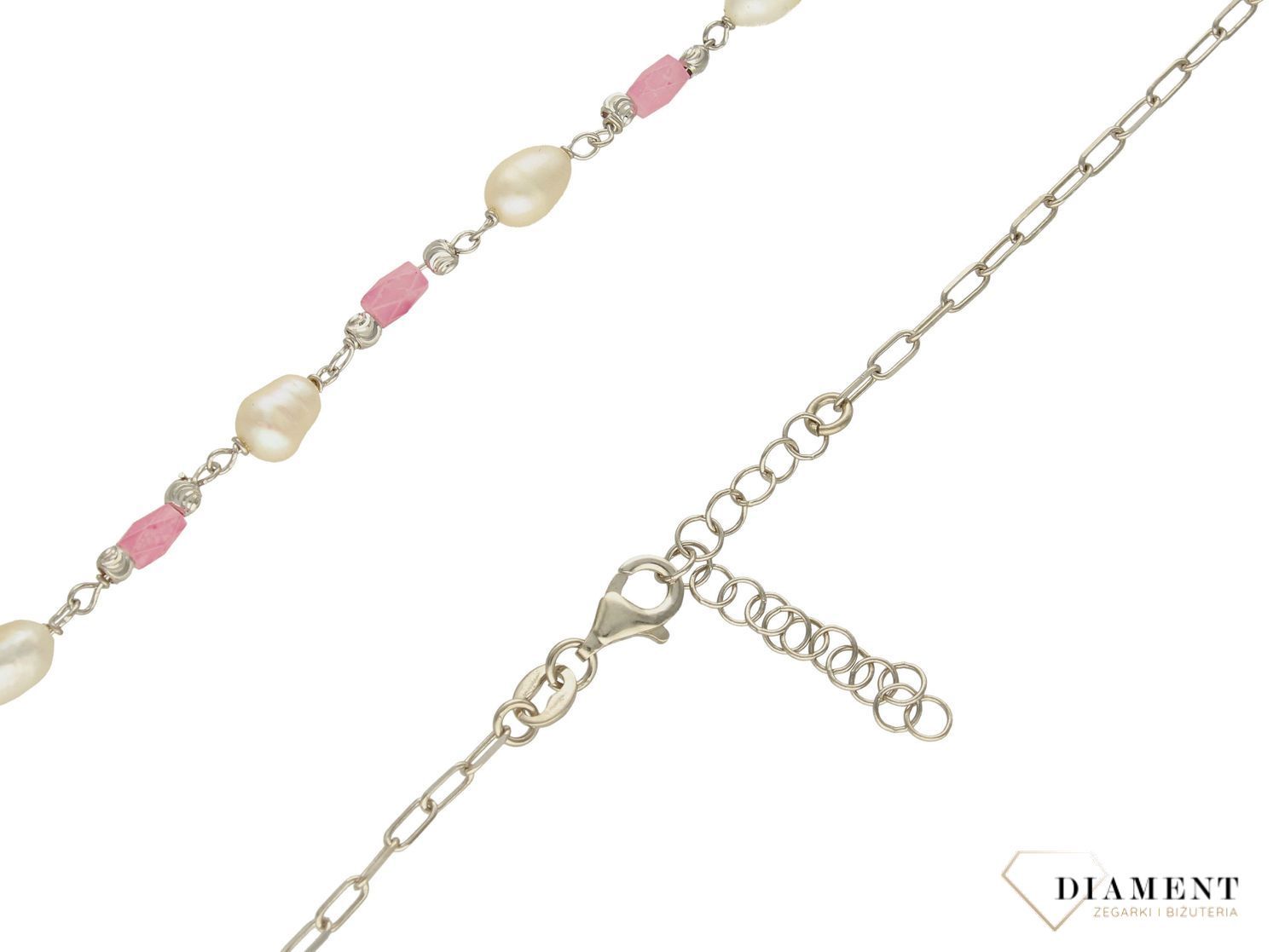 Srebrny naszyjnik damski celebrytka z różowymi koralikami i perłami DIA-NSZ-10152-925. Srebrny naszyjnik damski. Srebrny naszyjnik idealny na prezent. Srebrny naszyjnik z perłami. Srebrny naszyjnik z różowymi koralikami (2).jpg