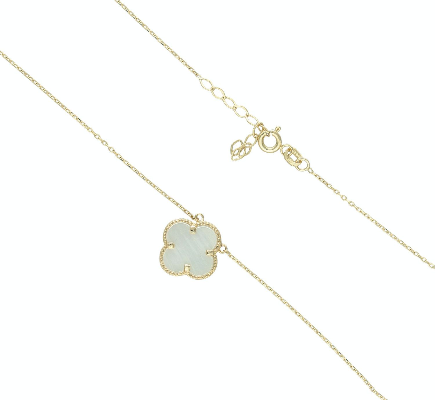 Złoty naszyjnik damski 585 celebrytka koniczynka z masą perłową DIA-NSZ-10504-585. Naszyjnik damski celebrytka. Złota celebrytka damska z koniczynką. Złoty naszyjnik celebrytka z masą perłową. Naszyjnik damski złoty idealny  (1).jpg