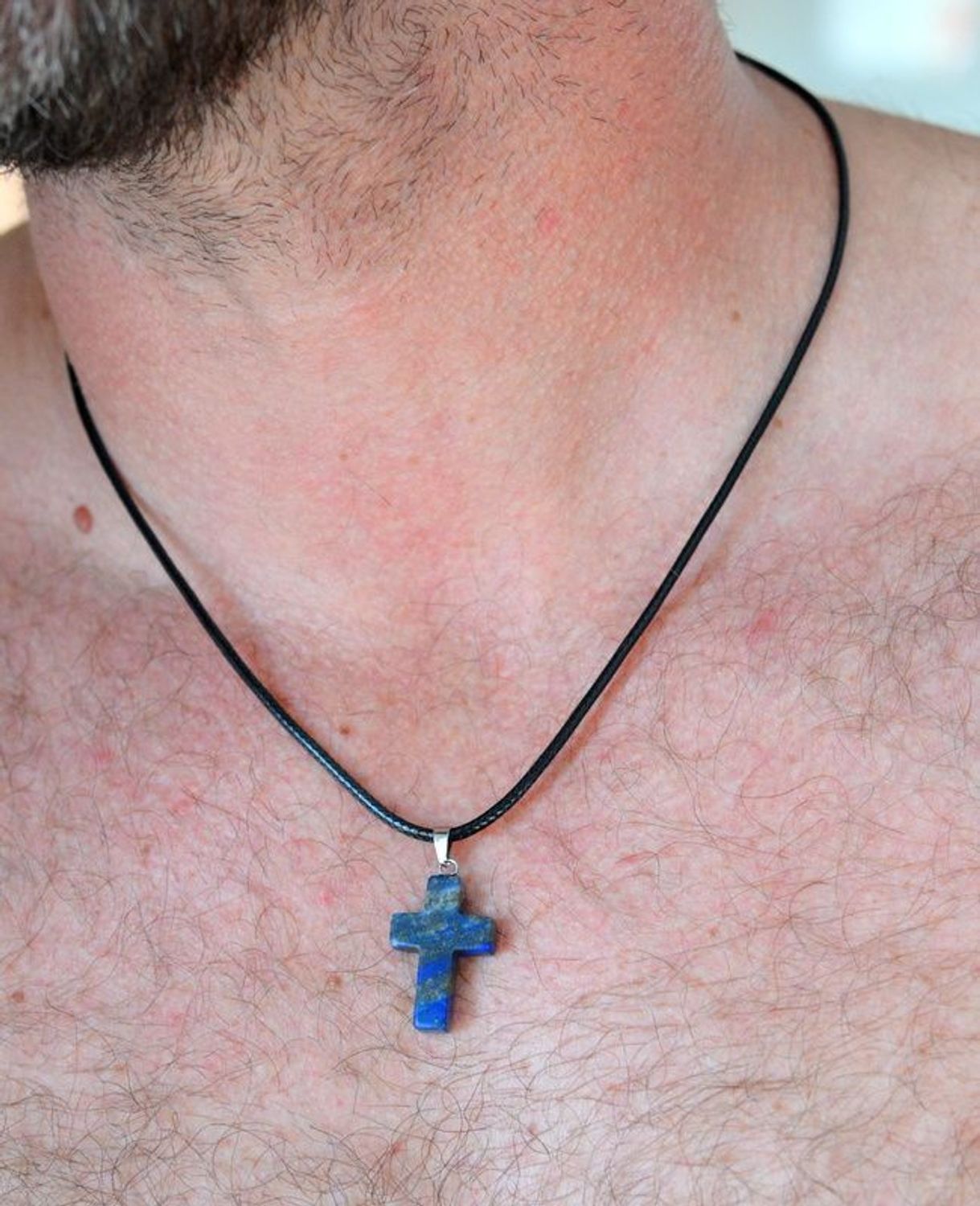 Naszyjnik męski stalowy na rzemyku z krzyżem z kamienia naturalnego Lapis lazuli DIA-NSZ-10506-STAL.jpg