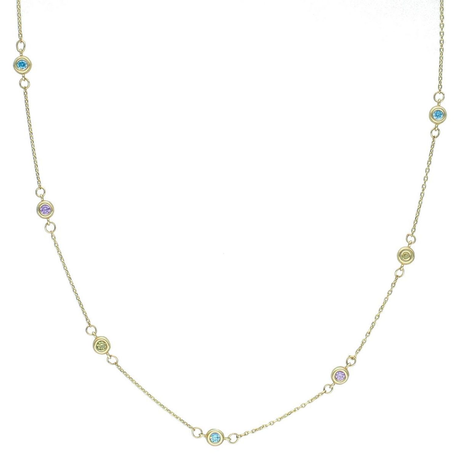 Łańcuszek złoty z kolorowymi cyrkoniami złoto 585, DIA-NSZ-10888-585. Delikatny naszyjnik wykonany z najwyższej jakości złota próby 585. Łańcuszek celebrytka ozdobiony kolorową cyrkonią1.jpg