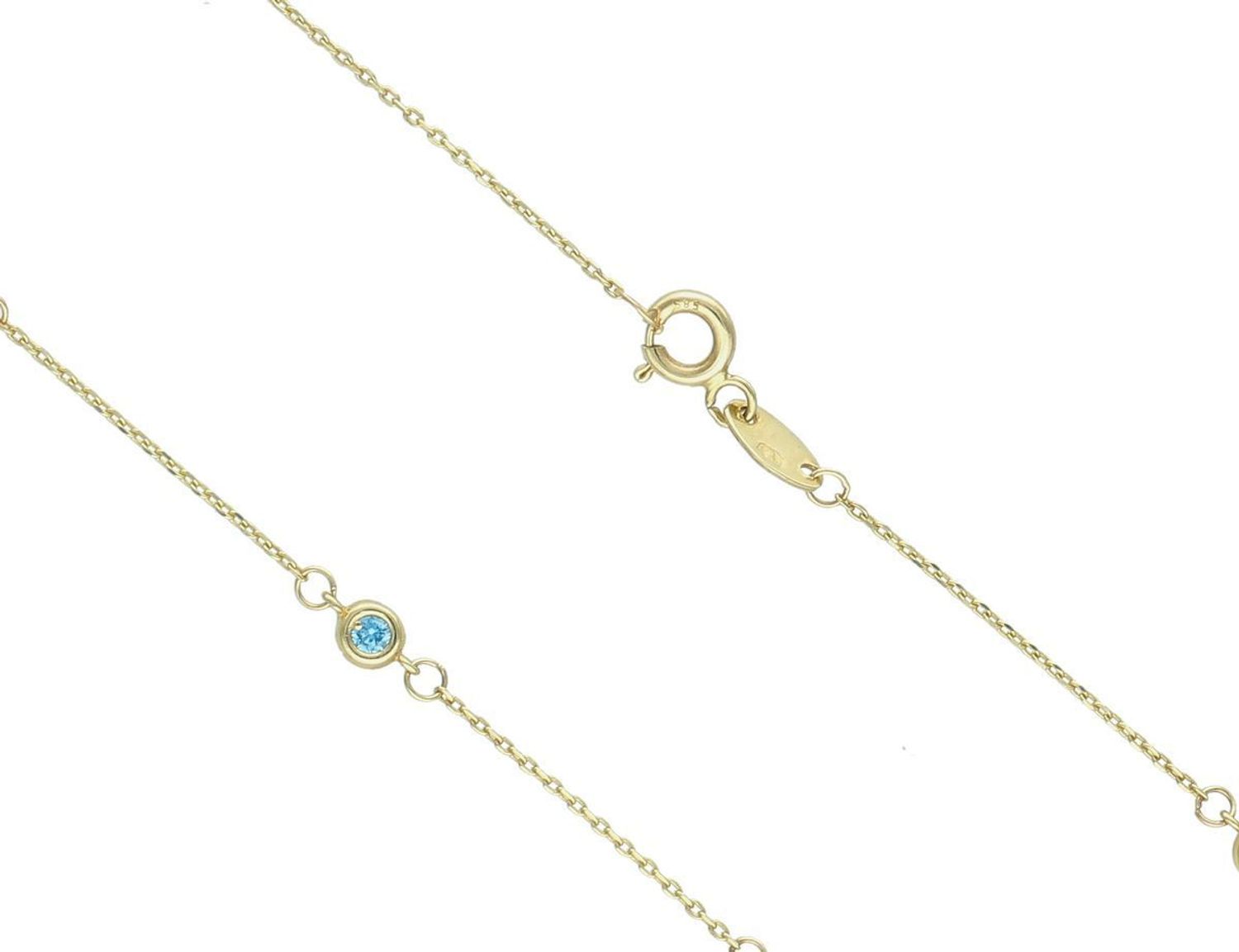 Łańcuszek złoty z kolorowymi cyrkoniami złoto 585, DIA-NSZ-10888-585. Delikatny naszyjnik wykonany z najwyższej jakości złota próby 585. Łańcuszek celebrytka ozdobiony kolorową cyrkonią1.jpg