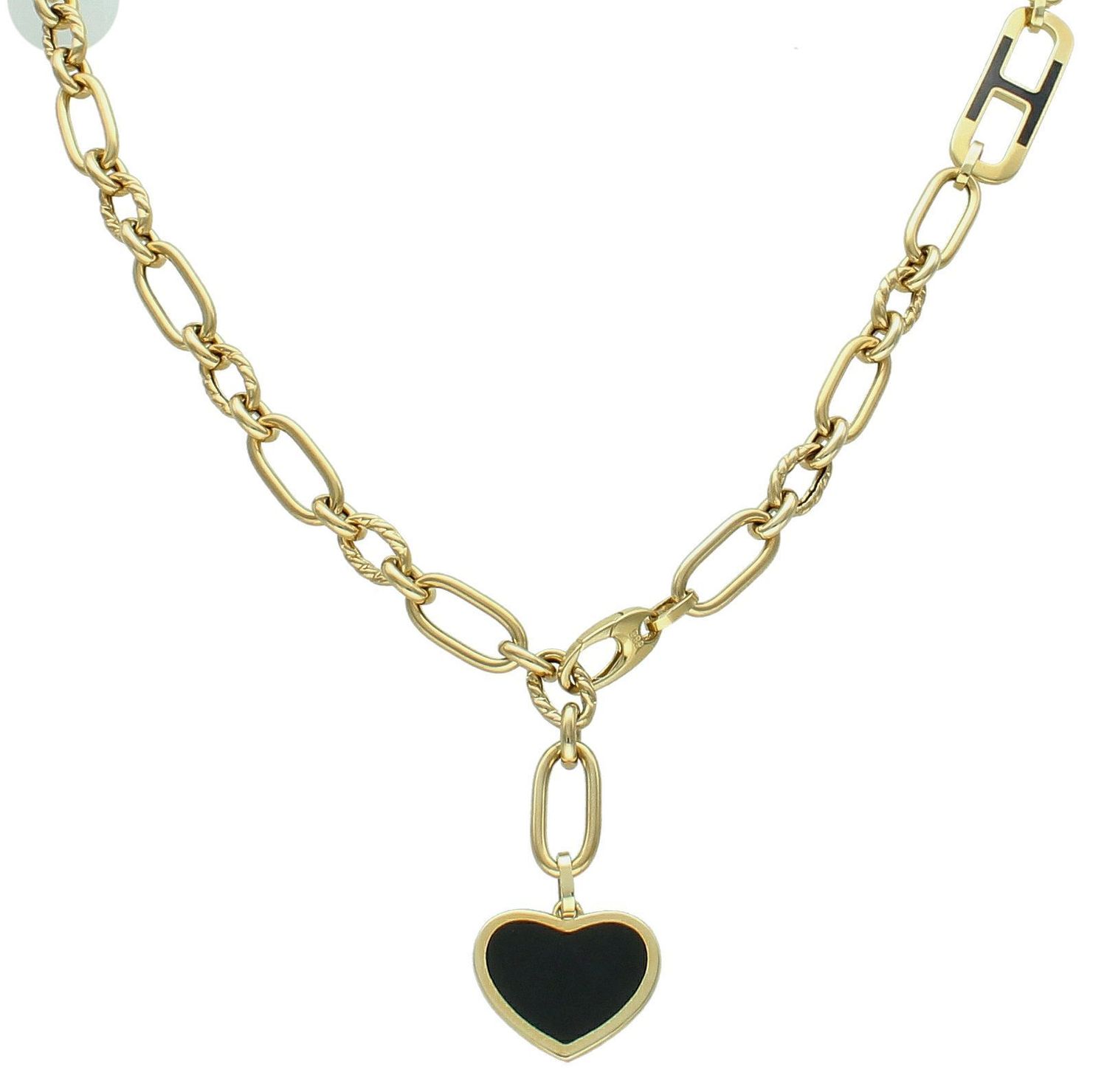 Naszyjnik złoty z czarnym serce pr 585, DIA-NSZ-10998-585 Efektowny naszyjnik wykonany z najwyższej jakości złota próby 585. Łańcuszek z owalnych grubych ogniwek zdobionym sercem z onyksem.1.jpg