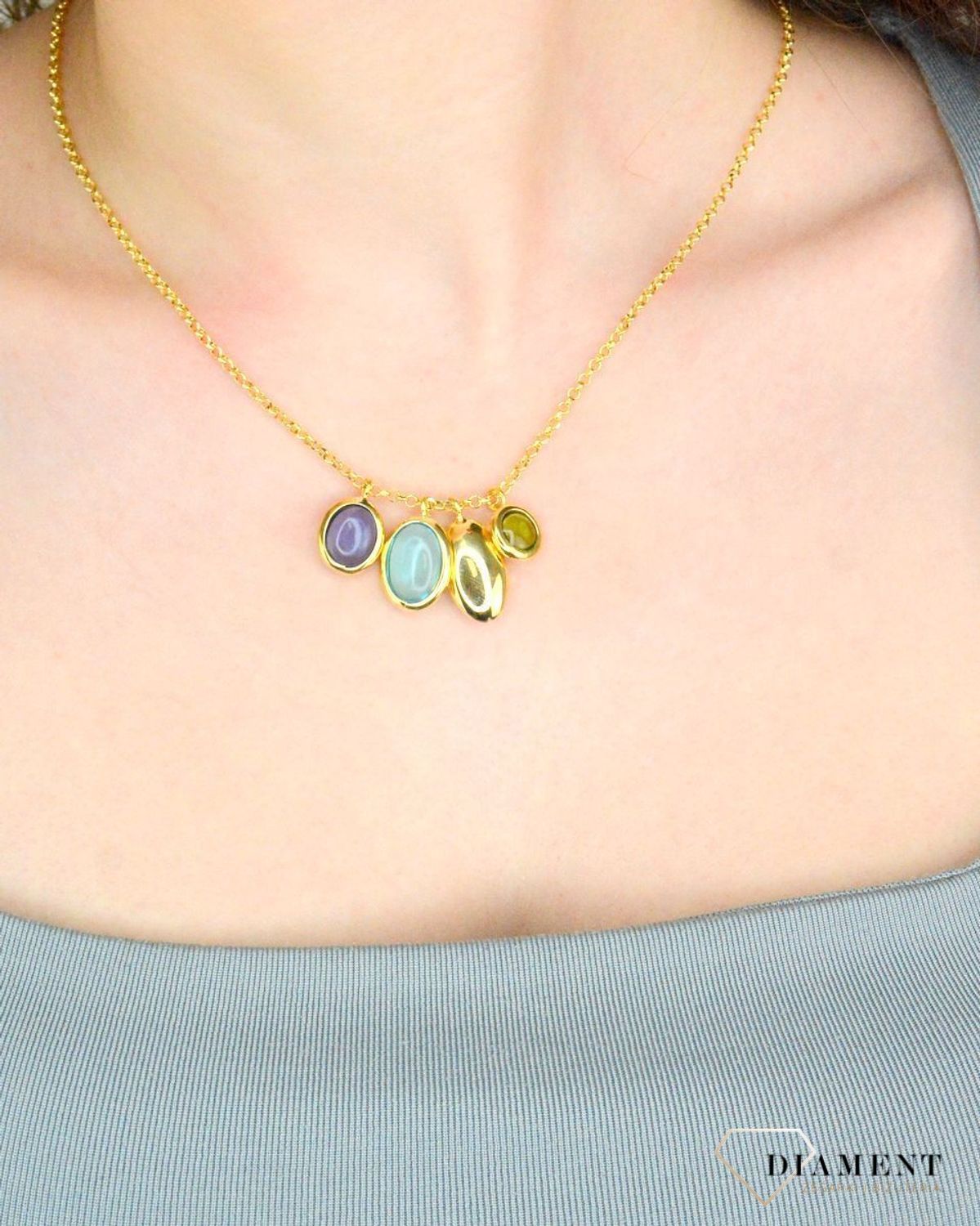 Srebrny naszyjnik damski z kolorowymi cyrkoniami pokryty złotem.jpg