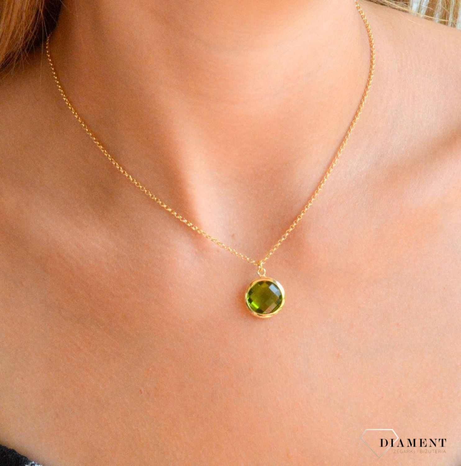 Srebrny naszyjnik damski pokryty złotem okrągła zielona cyrkonia DIA-NSZ-11694-925 (2).jpg