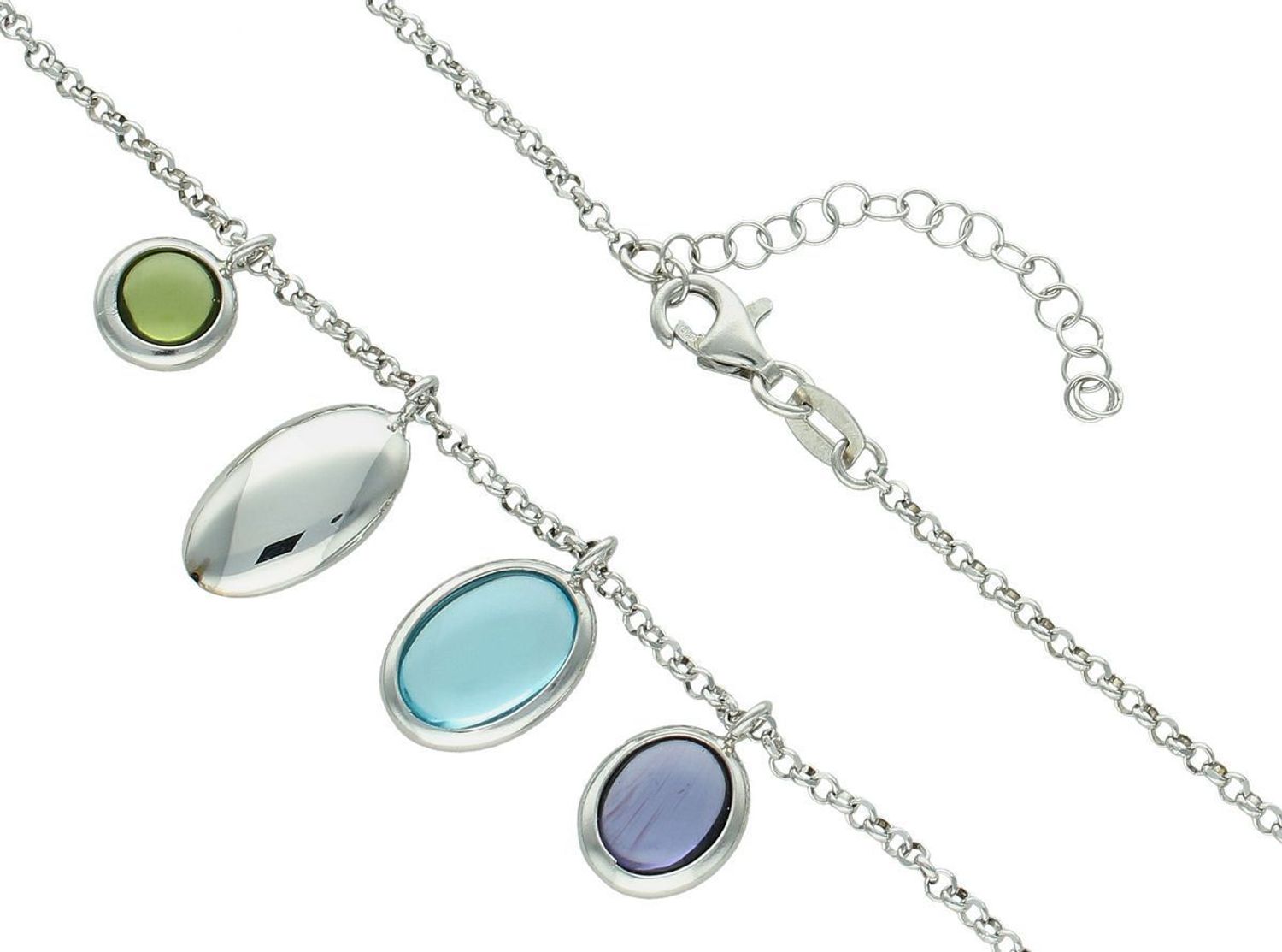 Srebrny naszyjnik damski z kolorowymi cyrkoniami DIA-NSZ-11697-925. Srebrny naszyjnik damski ozdobiony syntetycznymi kamieniami imitującym ametyst, topaz oraz jadeit.  1.jpg