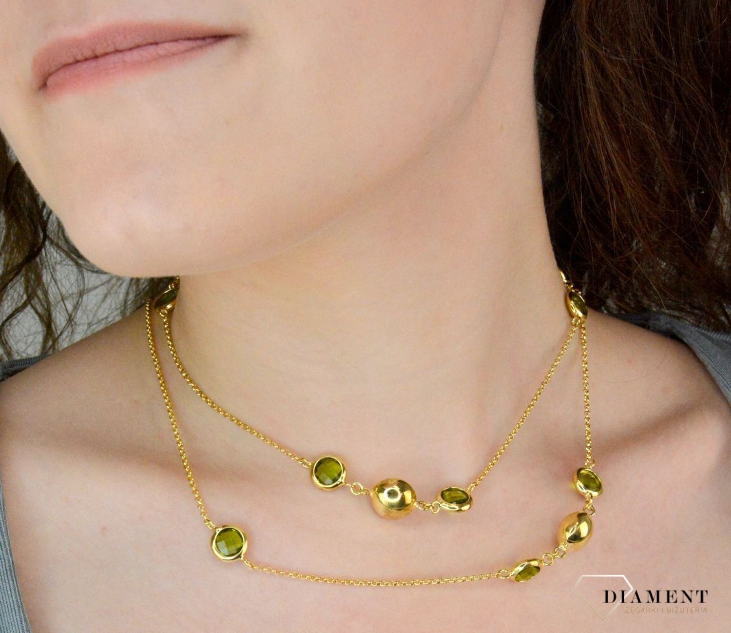 Srebrny naszyjnik damski kulki i zielone cyrkonie pokryty złotem DIA-NSZ-11700-925.jpg