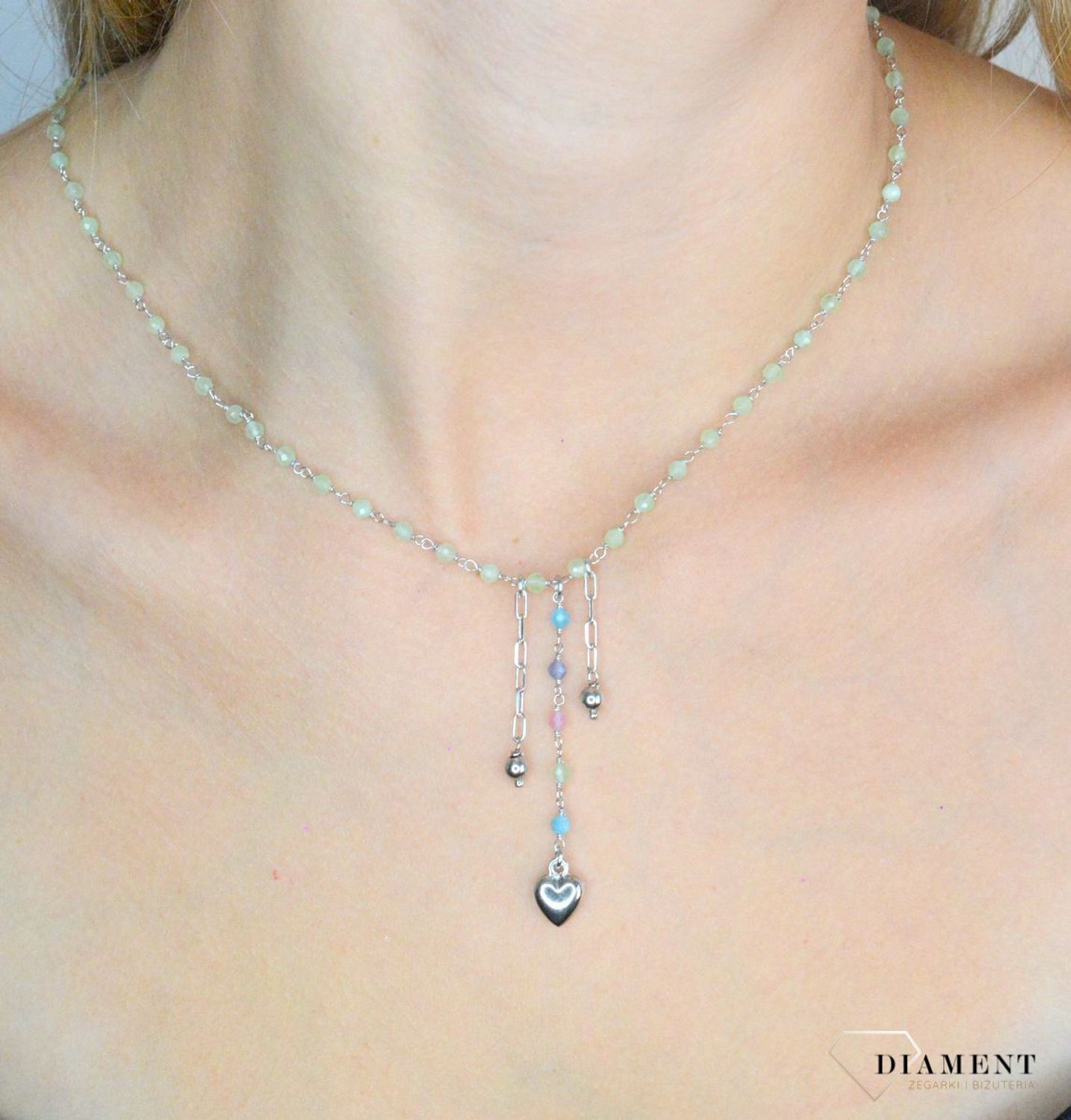 Srebrny naszyjnik damski 925 zielone koraliki z serduszkiem DIA-NSZ-11721-925 (1).jpg