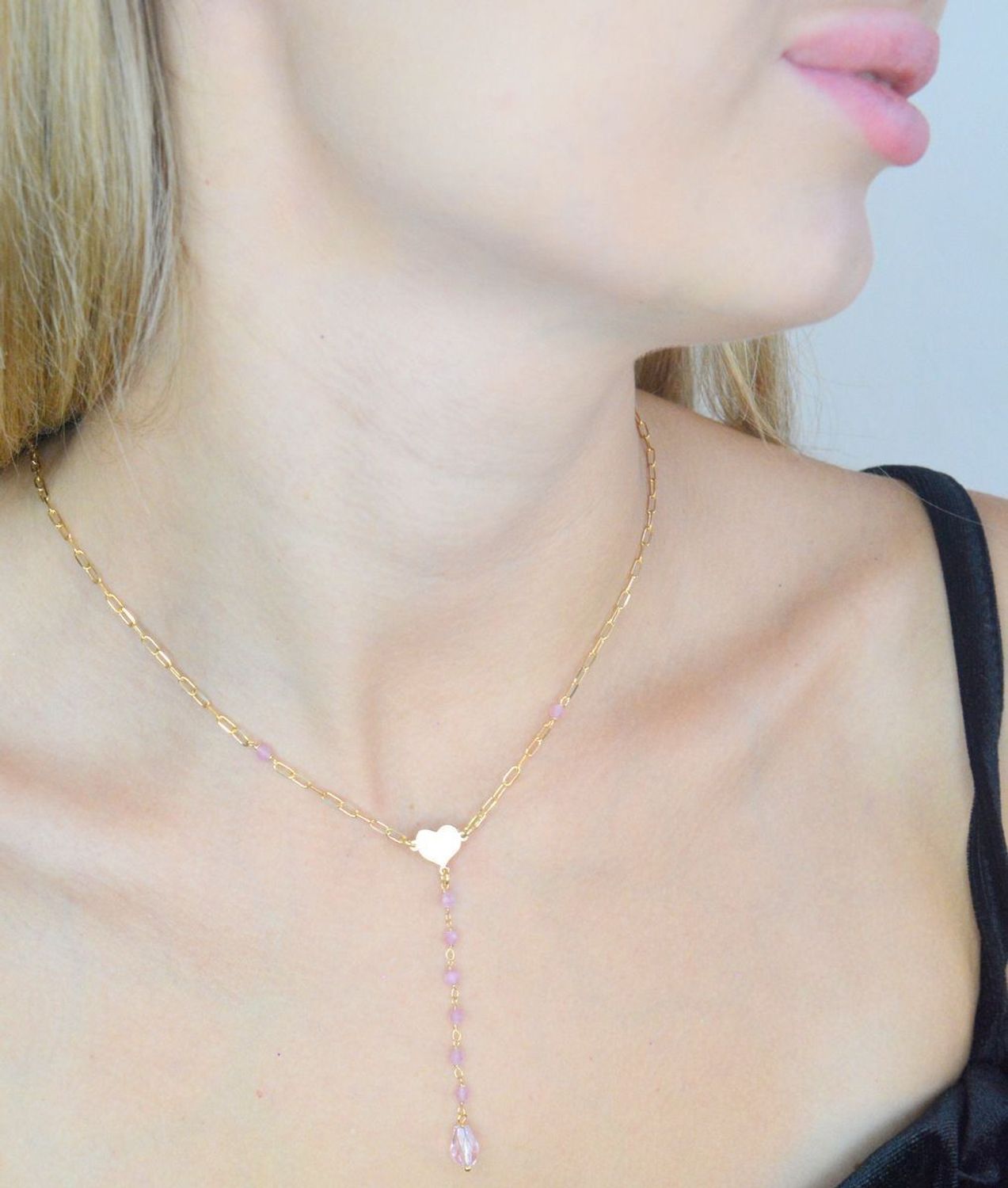 Srebrny naszyjnik damski 925 pozłacana celebrytka z różowymi koralikami i sercem DIA-NSZ-11757-925 (1).jpg