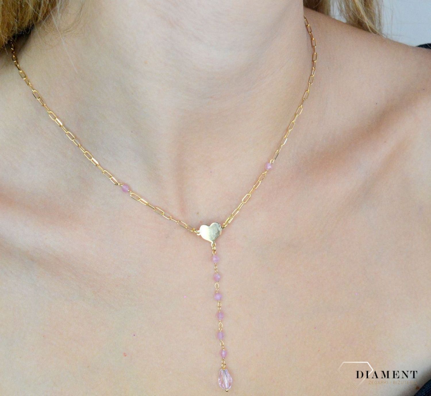 Srebrny naszyjnik damski 925 pozłacana celebrytka z różowymi koralikami i sercem DIA-NSZ-11757-925 (1).jpg