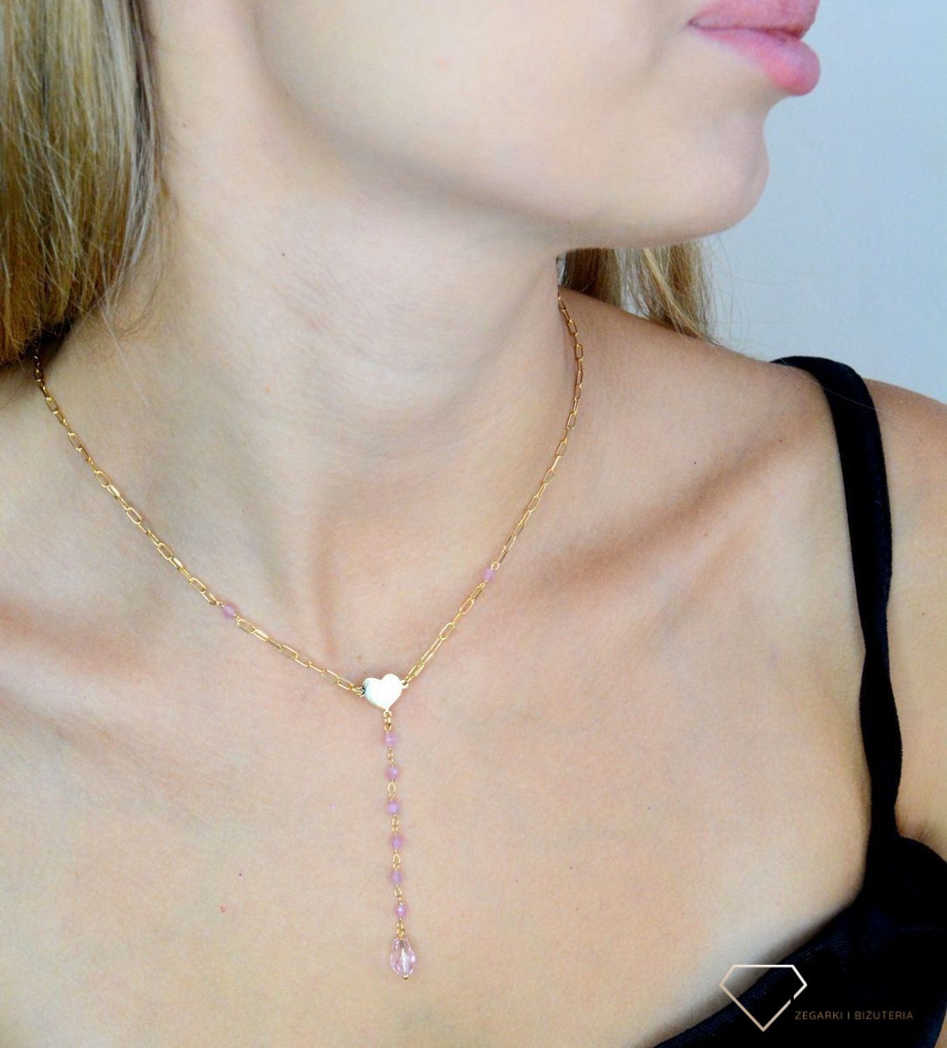 Srebrny naszyjnik damski 925 pozłacana celebrytka z różowymi koralikami i sercem DIA-NSZ-11757-925 (1).jpg