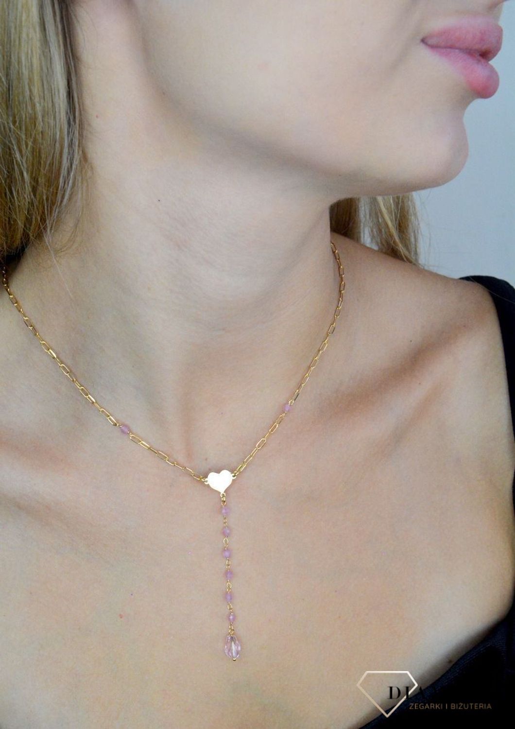 Srebrny naszyjnik damski 925 pozłacana celebrytka z różowymi koralikami i sercem DIA-NSZ-11757-925 (1).jpg