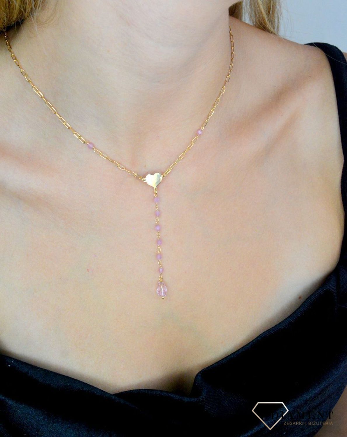 Srebrny naszyjnik damski 925 pozłacana celebrytka z różowymi koralikami i sercem DIA-NSZ-11757-925 (1).jpg