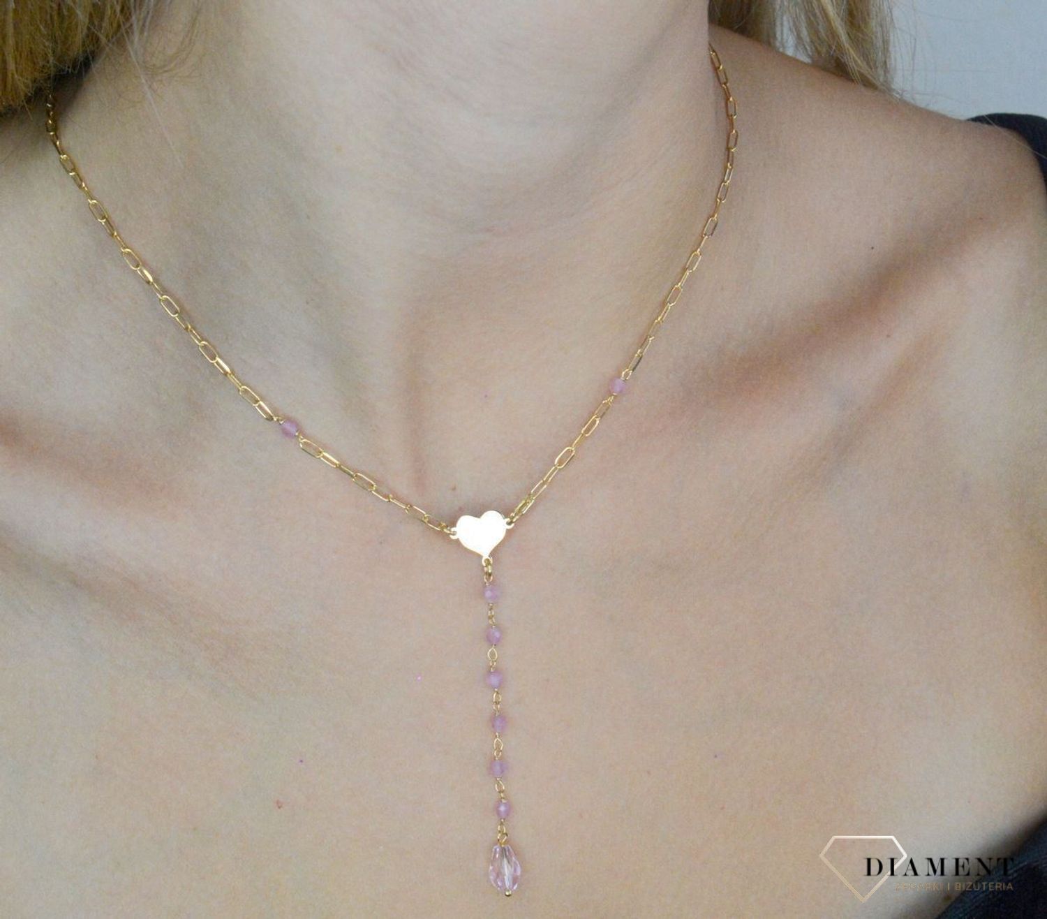 Srebrny naszyjnik damski 925 pozłacana celebrytka z różowymi koralikami i sercem DIA-NSZ-11757-925 (1).jpg