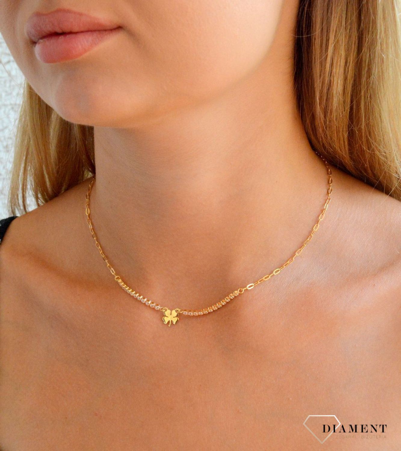 Srebrny naszyjnik damski 925 z wiszącą koniczyną i paskiem cyrkonii pokryta złotem DIA-NSZ-11783-925 (3).jpg