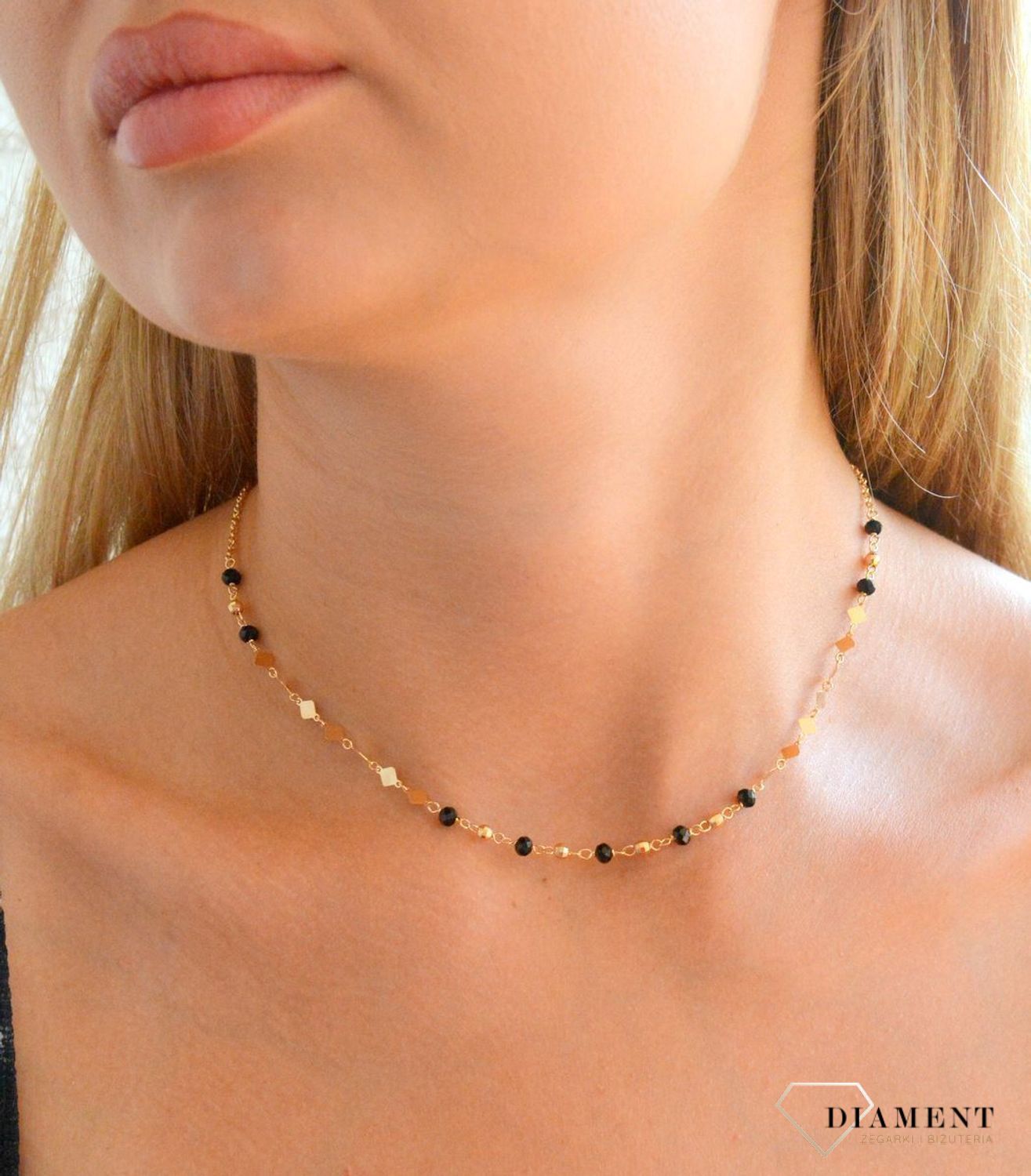 Srebrny naszyjnik damski 925 pozłacany z blaszkami i czarnymi koralikami DIA-NSZ-11788-925 (2).jpg