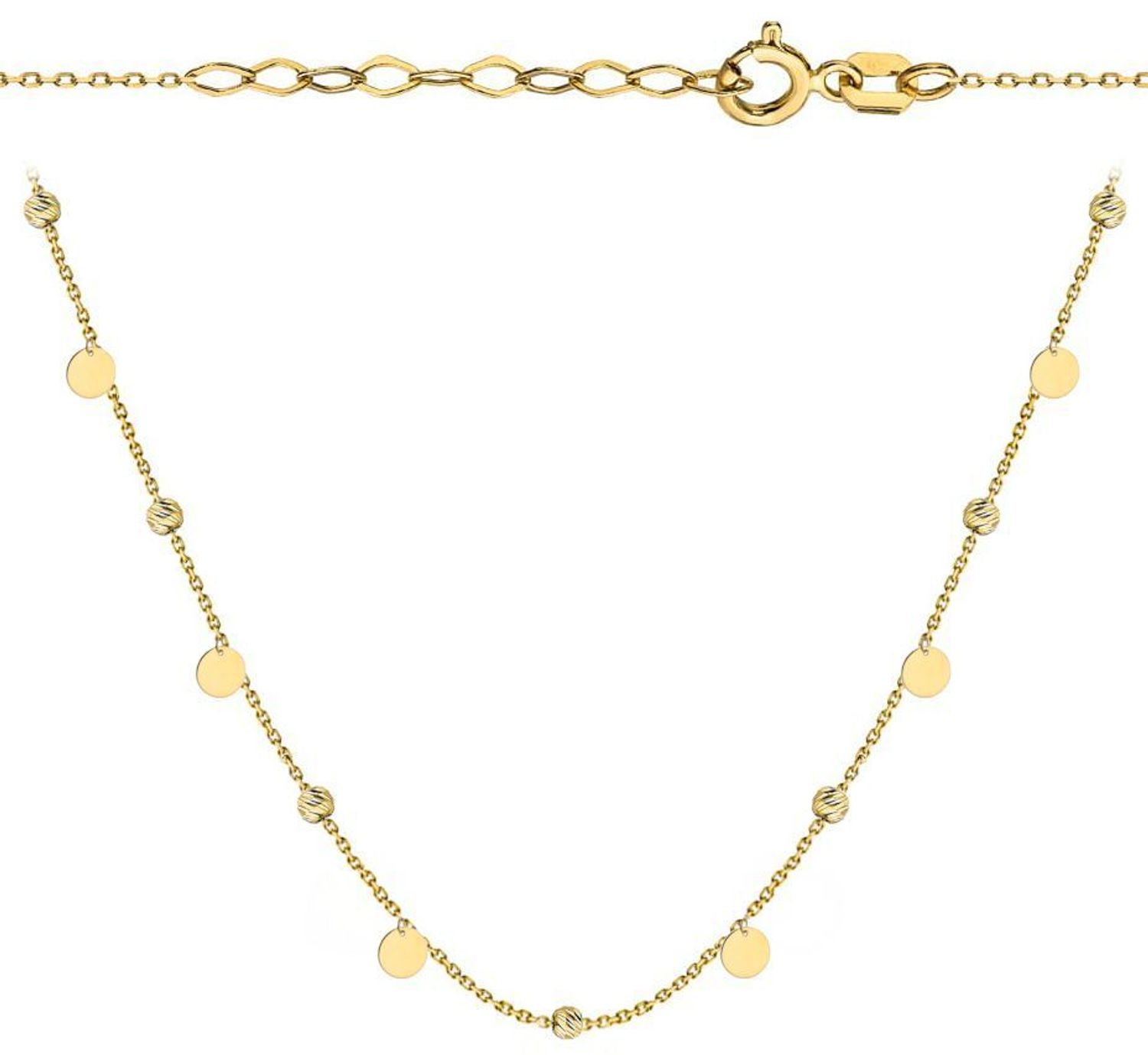 Naszyjnik złoty pełne kółka i diamentowane kulki próba 585, DIA-NSZ-12162-585 Delikatny naszyjnik wykonany z najwyższej jakości złota próby 585. Łańcuszek z wiszącymi blaszkami i  grawerowanymi kuleczkami..jpg