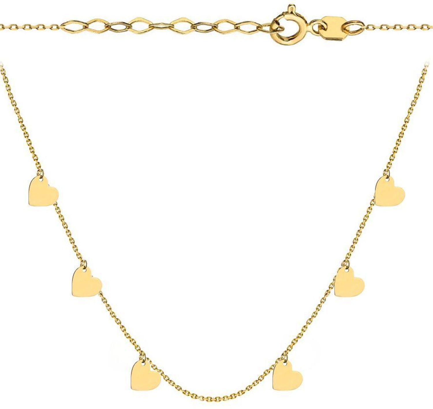 Naszyjnik złoty sześć serduszek finezyjnie zaczepionych próba 585, DIA-NSZ-12163-585 Delikatny naszyjnik wykonany z najwyższej jakości złota próby 585. Łańcuszek z wiszącymi serduszkami..jpg